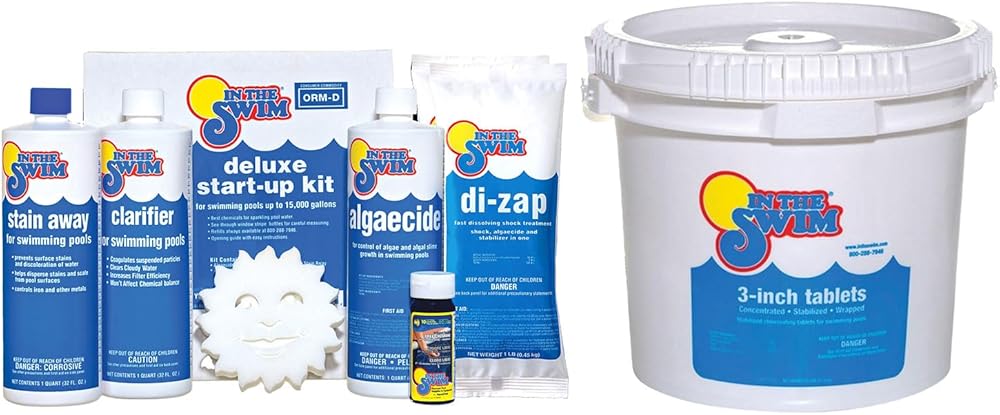 In The Swim Opening Kit and Chlorine Bundle - Pre-Measured Opening Kit for Easy Use - 25 Pound Bucket of 3-Inch Stabilized Chlorine Tablets - Inground and Above Ground Pools Up to 15,000 Gallons