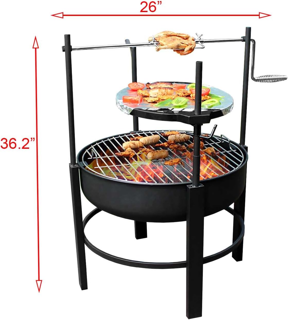 26 inch Outdoor Fire Pit, Round Metal Wood Burning Firepit with 2 Grills & 1 Rotisserie Kit for Camping, Outdoor Heating, Bonfire, and Picnic