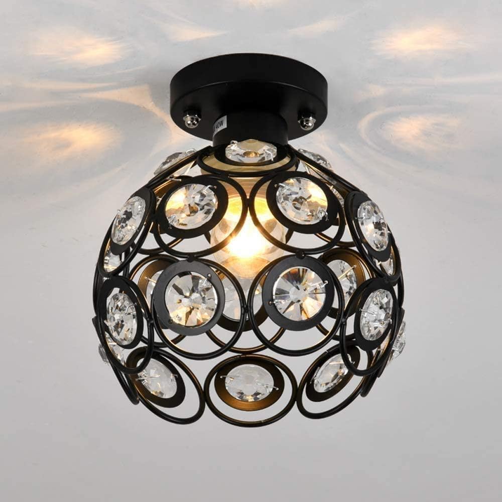 Bracket Light Crystal Ceiling Light Aisle Lights, Creative Bedroom Ceiling Lamp, Ity Beaded Iron Cage Design Celling Lighting Fixture for Porch Study Corridor, E27 Base,Black Stainless Steel Bra
