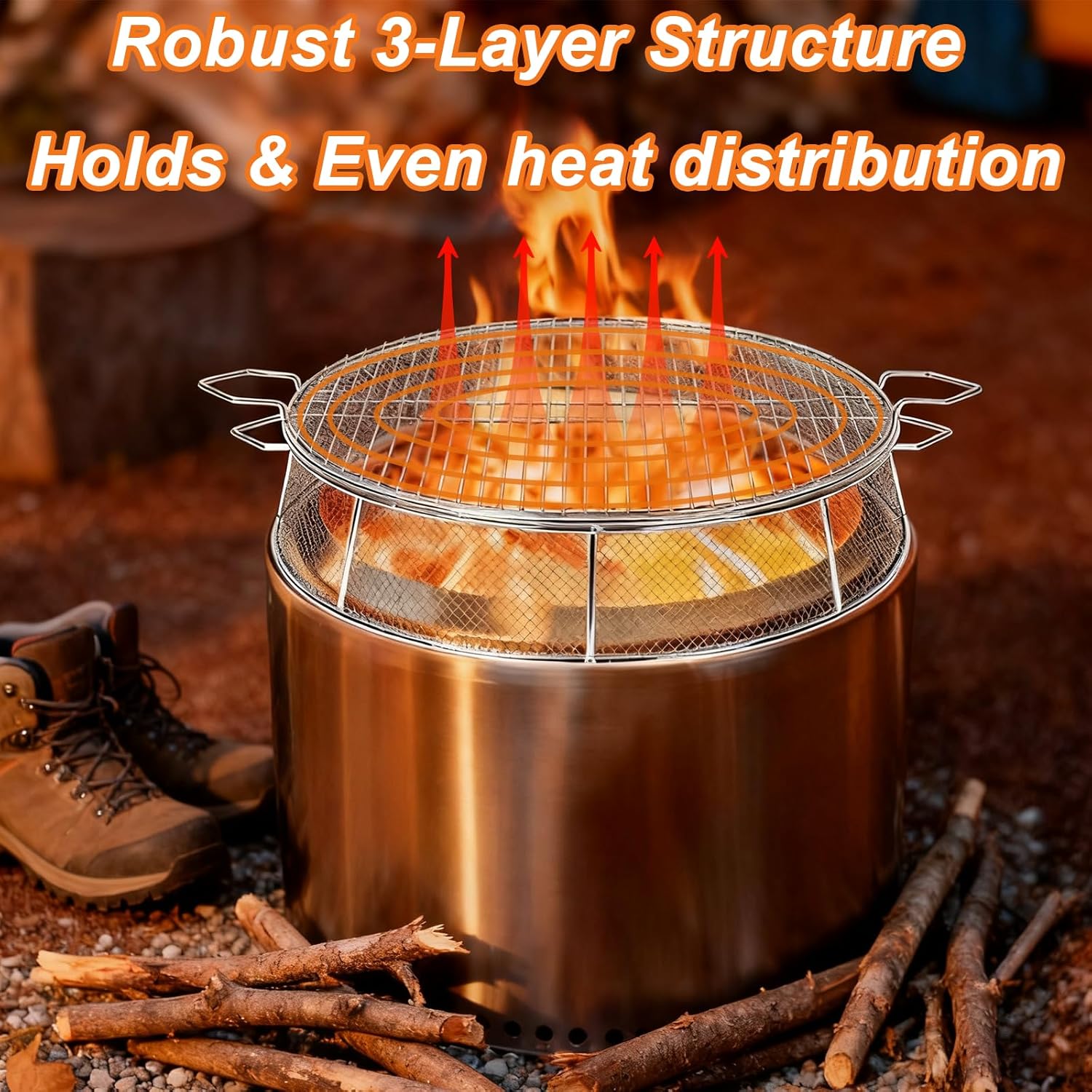 Fire Pit Spark Shield Cover & Cooking Grate for Solo Stove Bonfire 19.5 Inch, 304 Stainless Steel Fire Pit Accessories with Stand & 2 Guide Sticks, All-in-One Lid, Spark Screen and Grill Grate​​