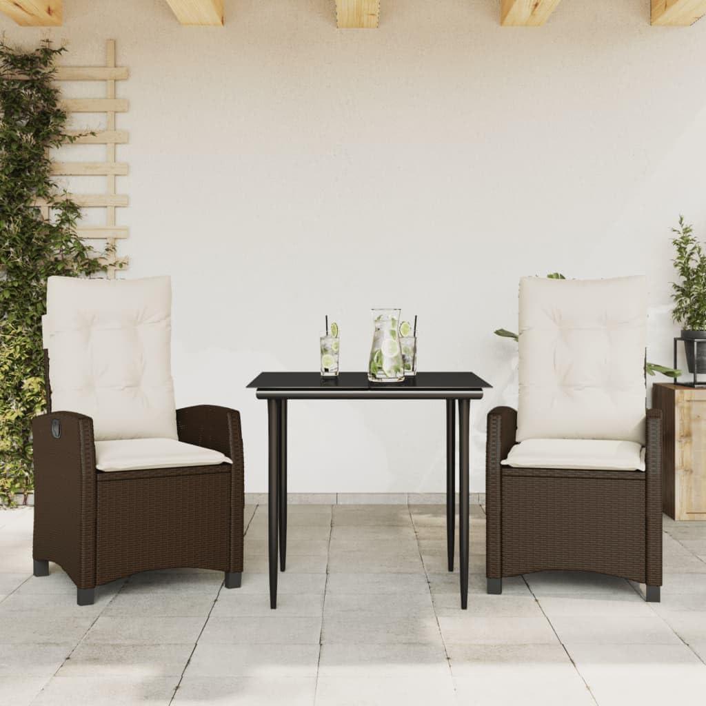 3 Piece Patio Dining Set with Cushions Brown Poly Rattan,Premium Garden Dining Set: Adjustable Backrest & Glass Top for Al Fresco Comfort Furniture Sets for Patio, Lawn & Garden