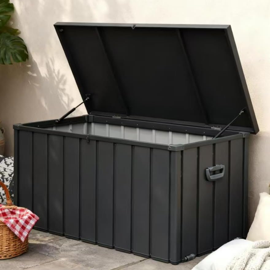 JOSHEN 200 Gallon Outdoor Storage Deck Box with Side Handles & Mobile Wheels, Large Patio Storage Bin with Lockable Lid & Hydraulic Rod, Garden Organizer with Waterproof & UV Resistant Steel Panels