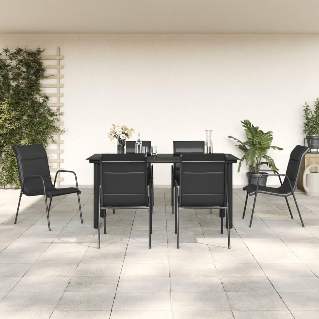 7 Piece Patio Dining Set Black Steel and Textilene,Outdoor Dining Set with Stable Steel Frame, Durable Textilene Fabric and Tempered Glass Tabletop for Garden, Patio Patio Furniture Sets, Outdoor Furn