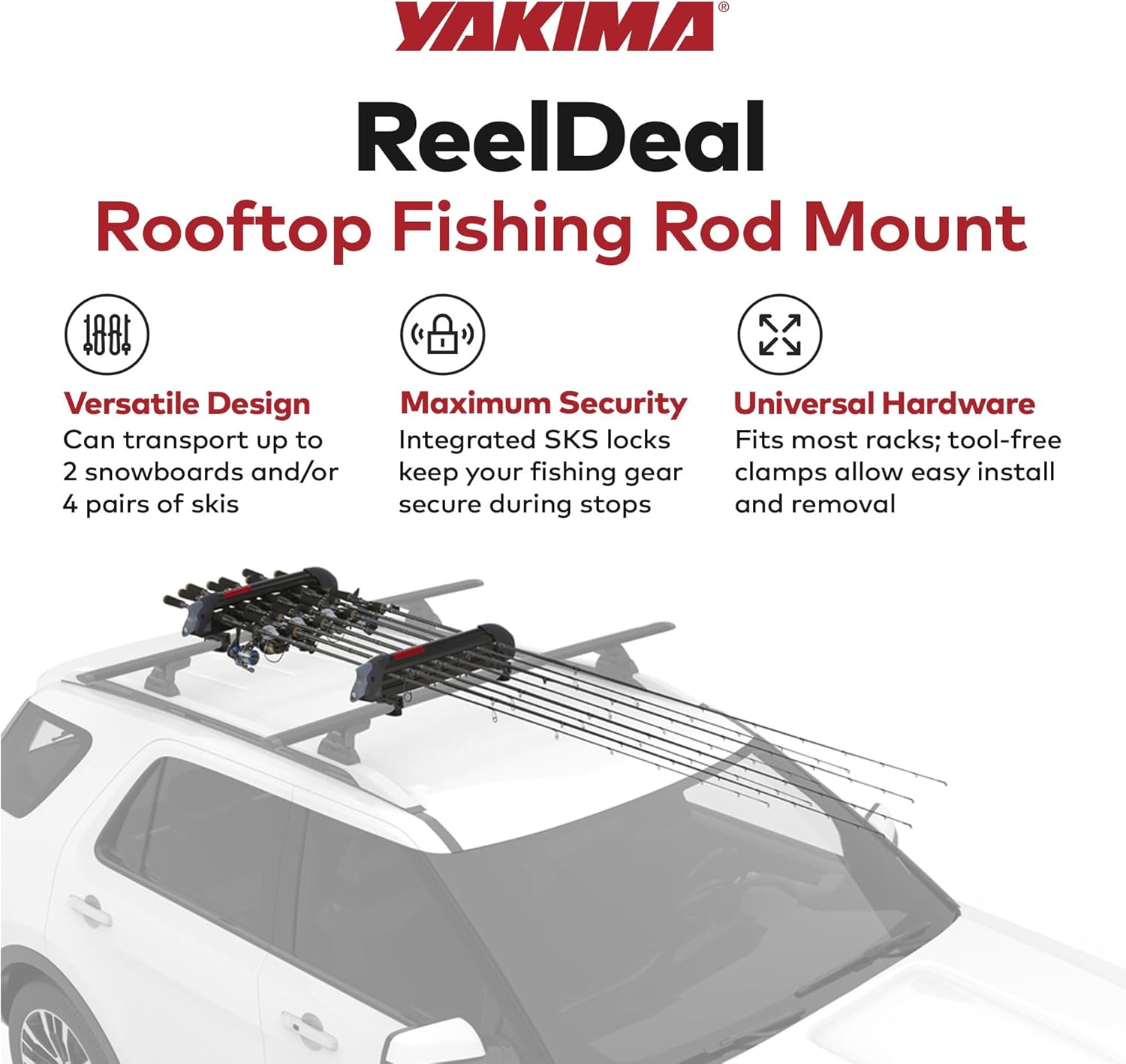 Yakima Fishing Pole Rod Car Rack Mount, ReelDeal 4 Ski & 2 Snowboard Holder w/ SKS Locks - Heavy-Duty and Portable Vehicle Storage Accessories for Travel Organization