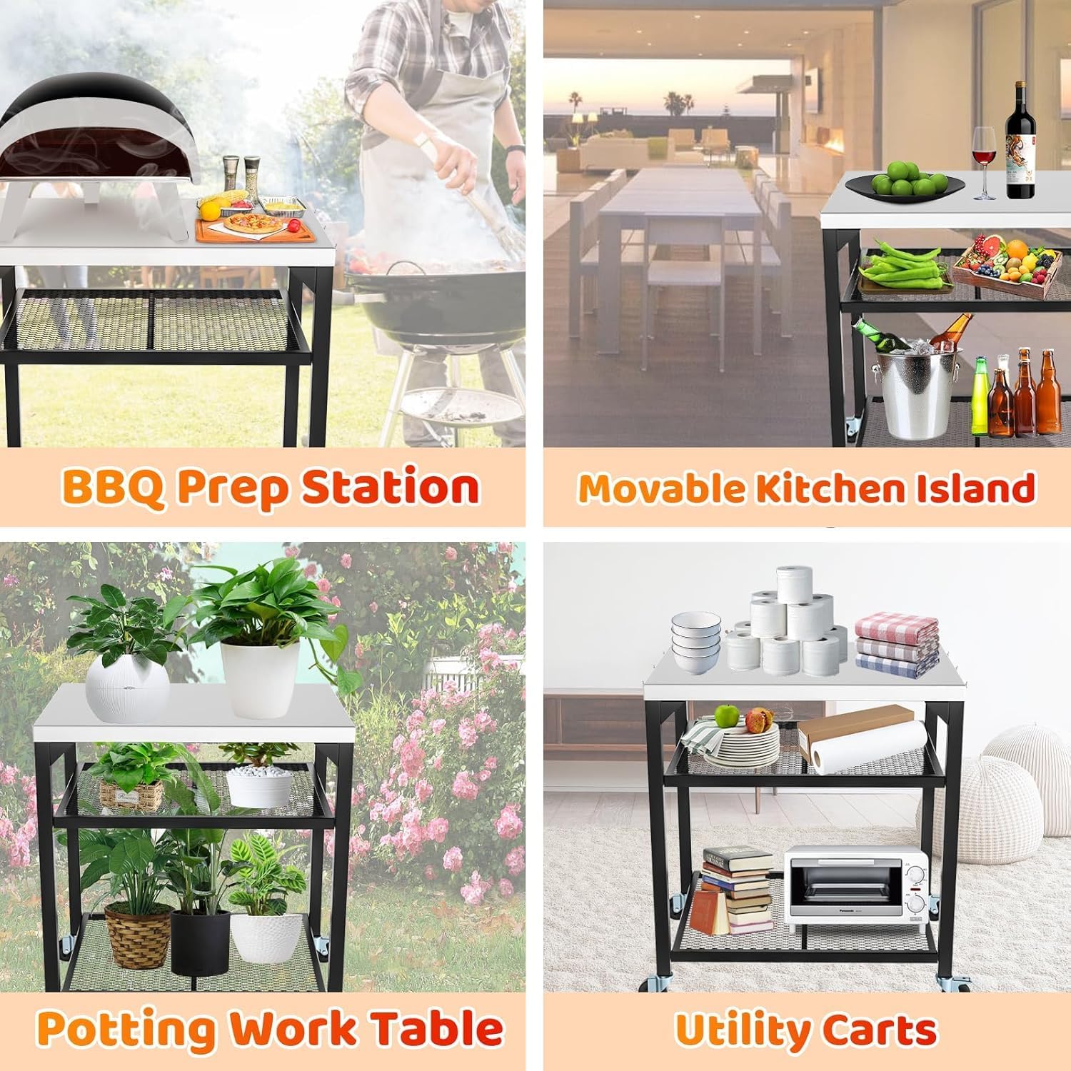 Pizza Oven Table for Ooni, Ninja, Woodfire, Blackstone, Bighorn, Cuisinart, Outdoor Grill Table for Ooni Pizza Oven Accessories, Movable Pizza Oven Stand as Food Prep Cart, Barbecue Tool Set