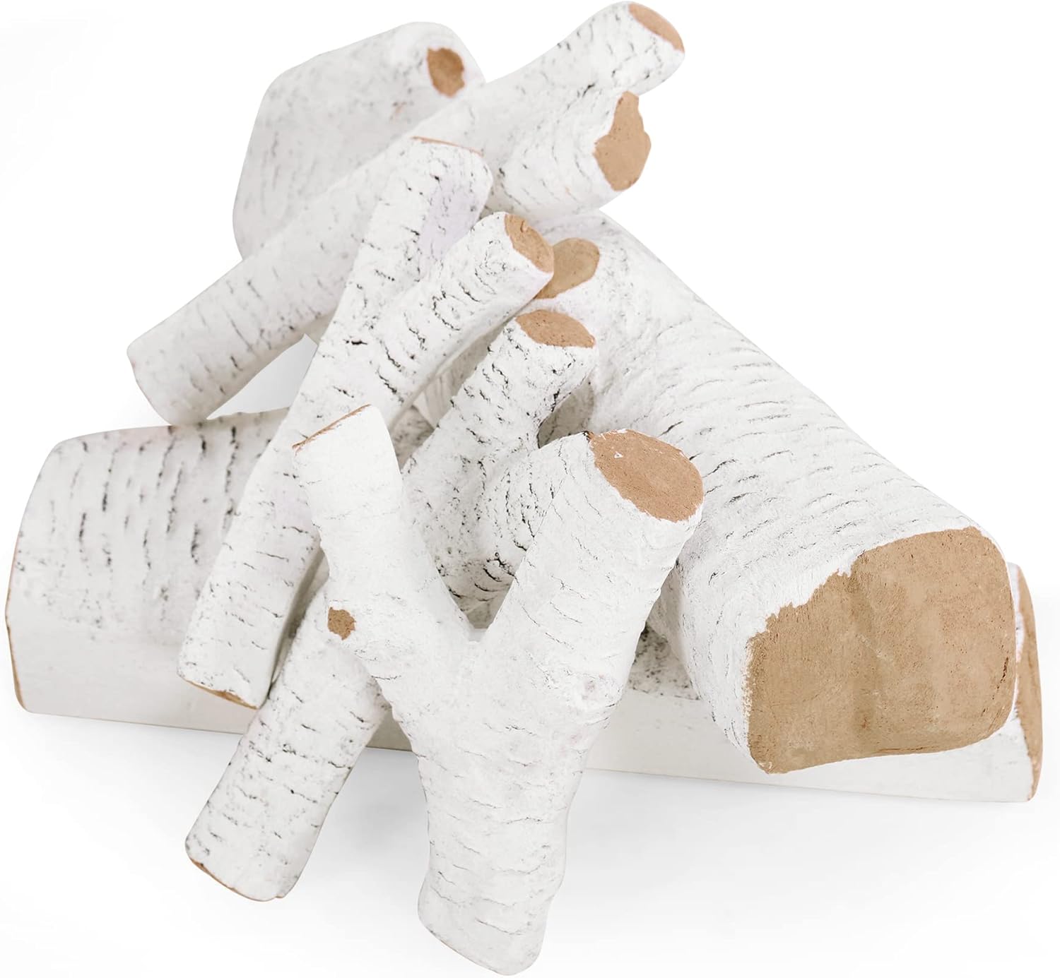 MAISON ARTS 6 Piece Ceramic Wood Gas Fireplace Logs White Birch Decorative Logs for All Types of Indoor & Outdoor Firepits