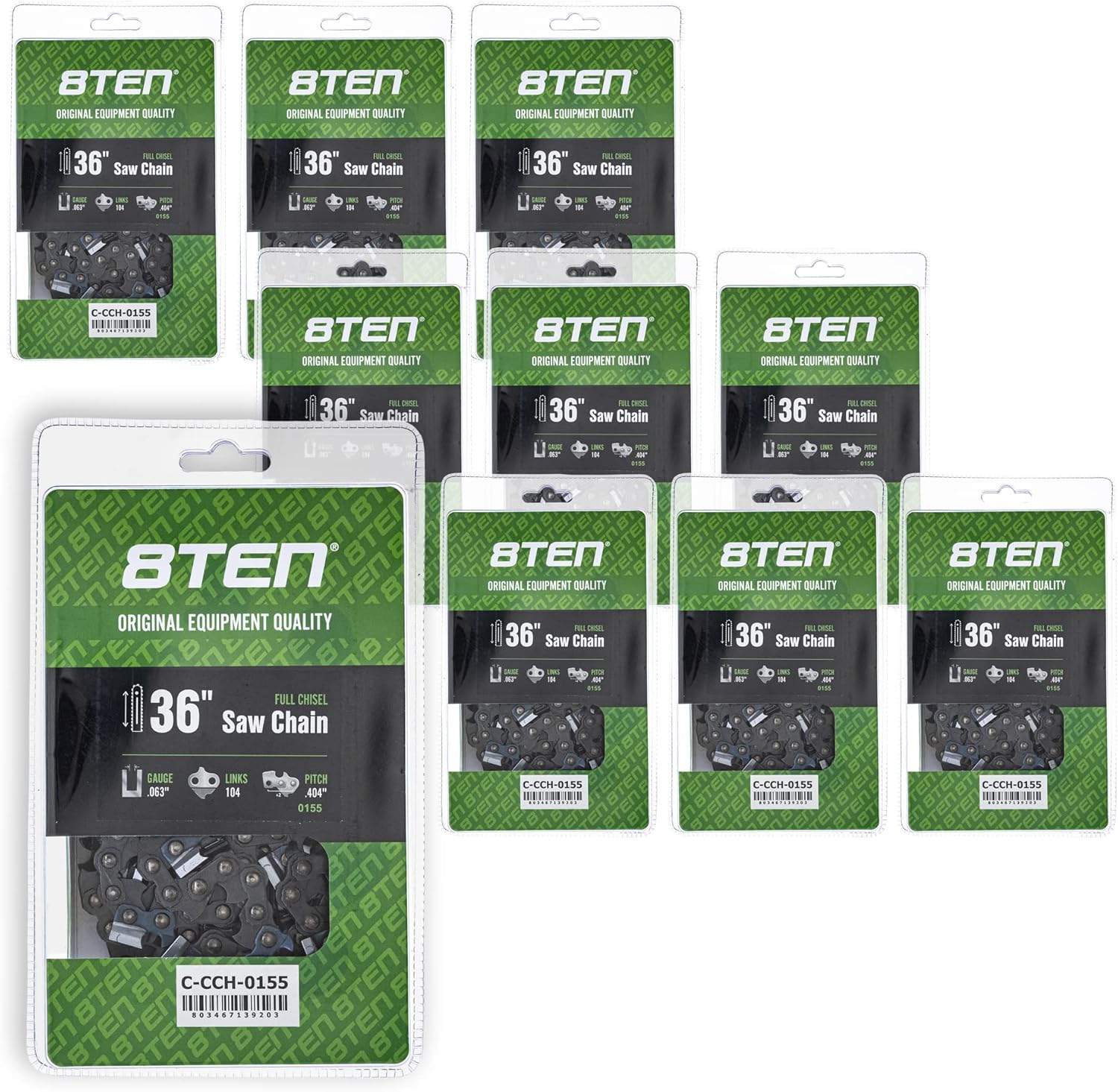 8TEN Full Chisel Chainsaw Chain 36 Inch .063 .404 104DL for Stihl 050 070 090 MS880 (10 Pack)