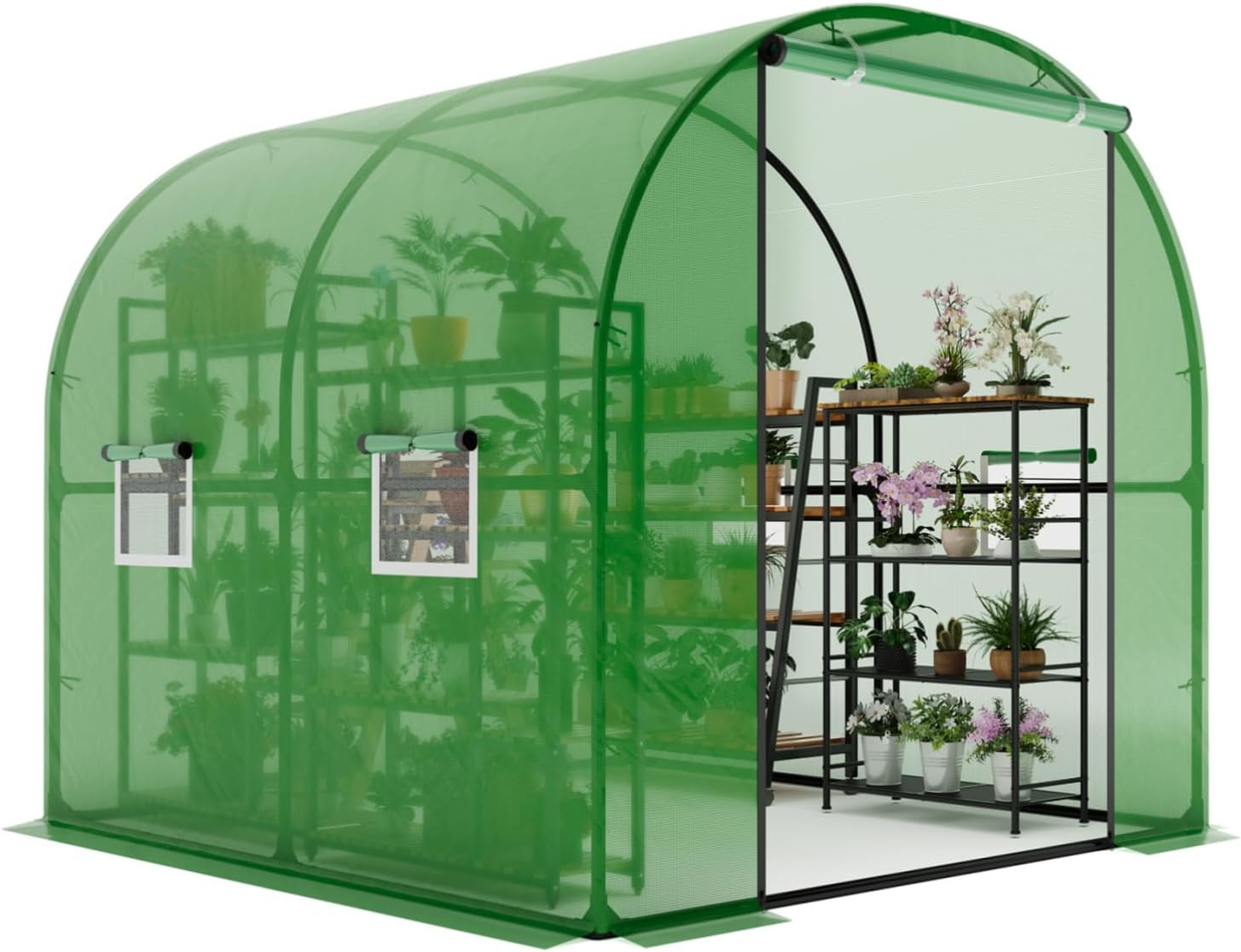 Heavy Duty Walk-in Greenhouse 6.6'x8.2'x6.6', Large Tunnel Hoop House with Sturdy Metal Frame, Green PE Cover, 4 Ventilation Mesh Windows & Zippered Roll-Up Door, Portable Garden Protection Shelter