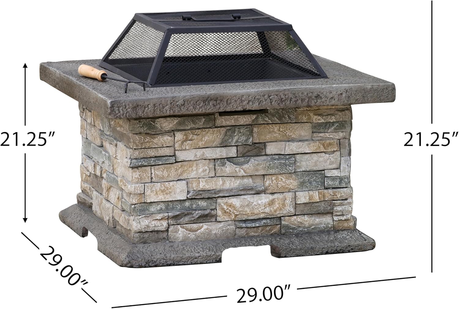 LifeSky Outdoor Stone Fire Pit - Modern Square Fire Pit with Spark Screen & Poker Tool for Backyard & Patio - Durable Engineered Stone & Iron Design for Outdoor Gatherings & Relaxation