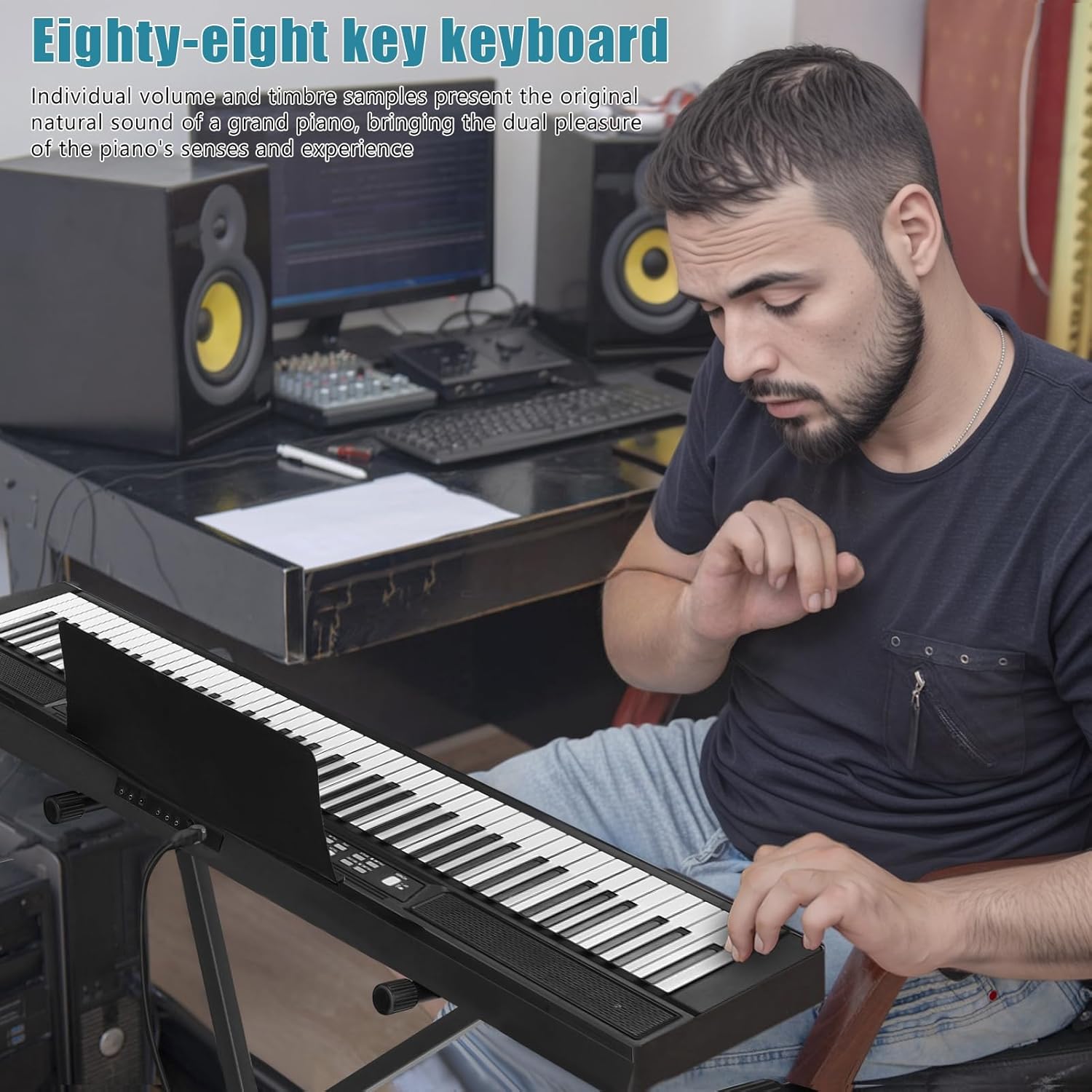 YOXIER Keyboard Piano,Piano Keyboard 88 Keys,Compact Portable Digital Piano for Beginners with Semi-Weighted Full-Size Keys, Stand, Headphones, Sustain Pedal, Carrying Case Black