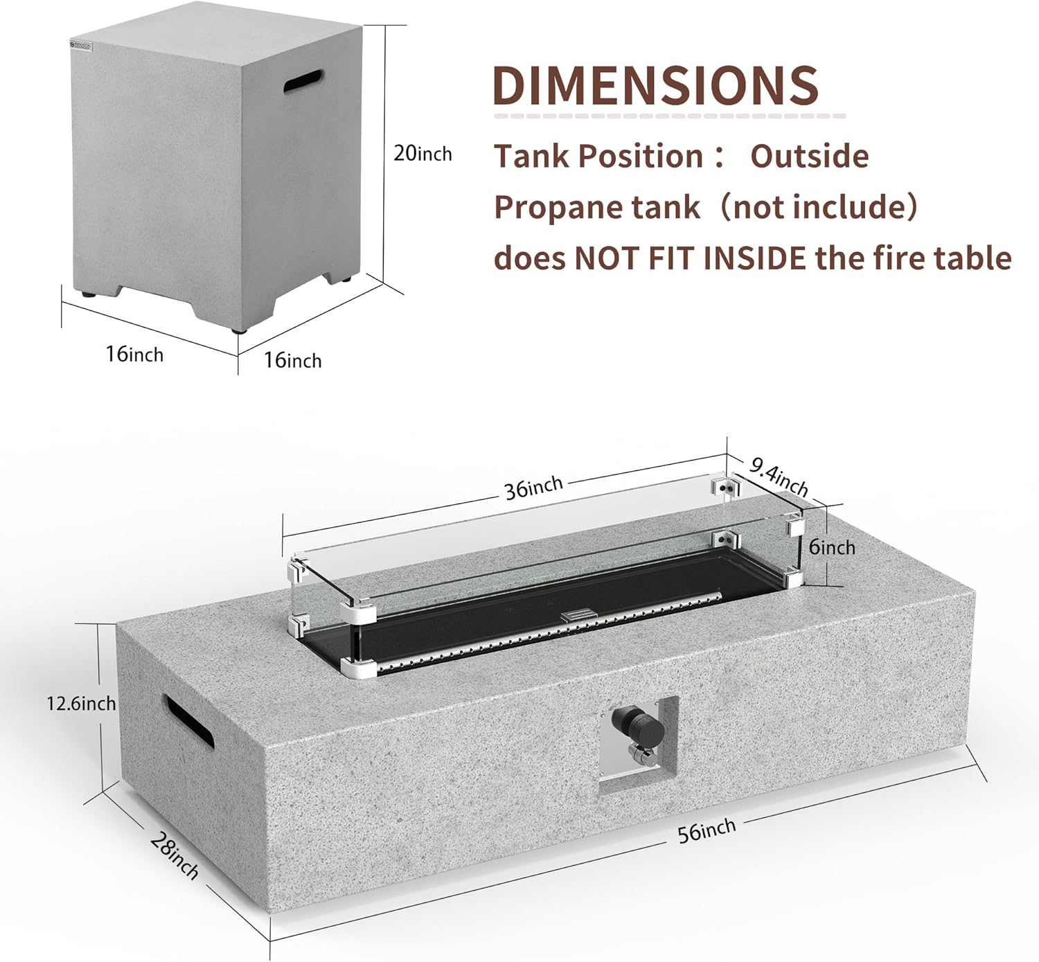3-Piece Concrete Outdoor Propane Gas Fire Pit Table, Rectangular Outdoor Propane Fire Pit Table with Tank, Stainless Steel Burner, Wind Guard, Rain Cover for Outdoor Garden, Pool (56IN)