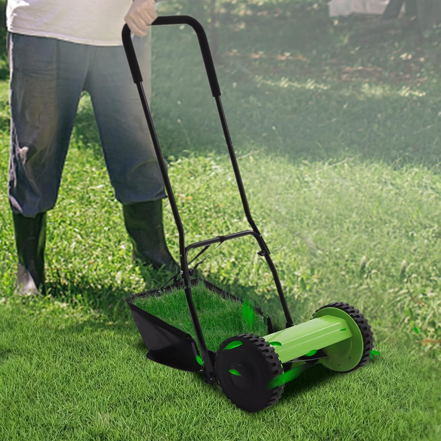 Push Reel Lawn Mower, 5-Blade 18Inch 23L/6 Gallons Adjustable Height Wheeled Manual Lawn Mower Grass Catcher for Sidewalks, Driveways, Courtyards, Park Greenings, Gardens