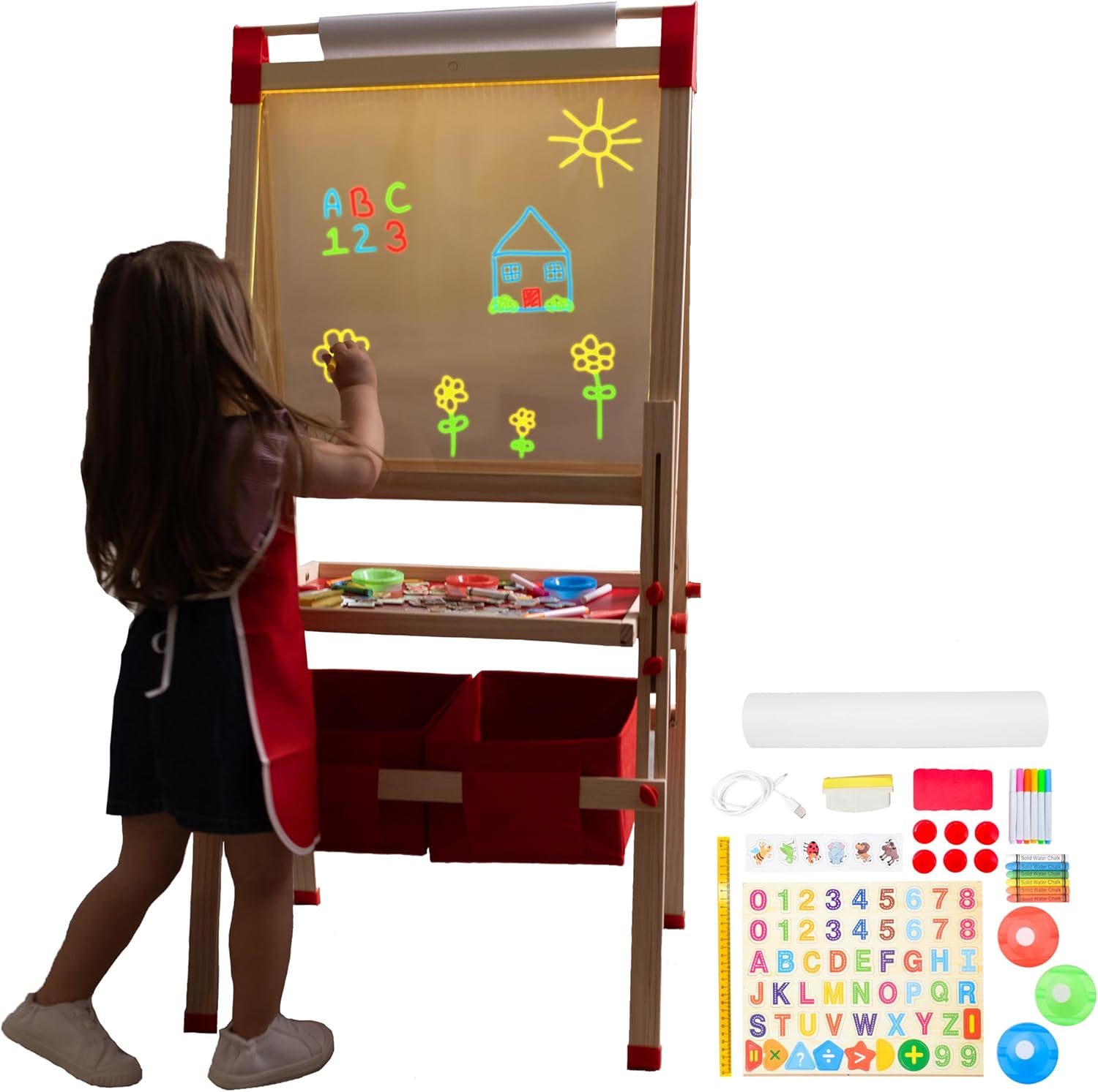 Light Up Easel for Kids 3 -in-1 Magnetic Chalkboard, LED Drawing Board with Adjustable Height and Paper Roll, 86 Accessories – Wooden Art Easel for Kids Ages 4-8 Years Old