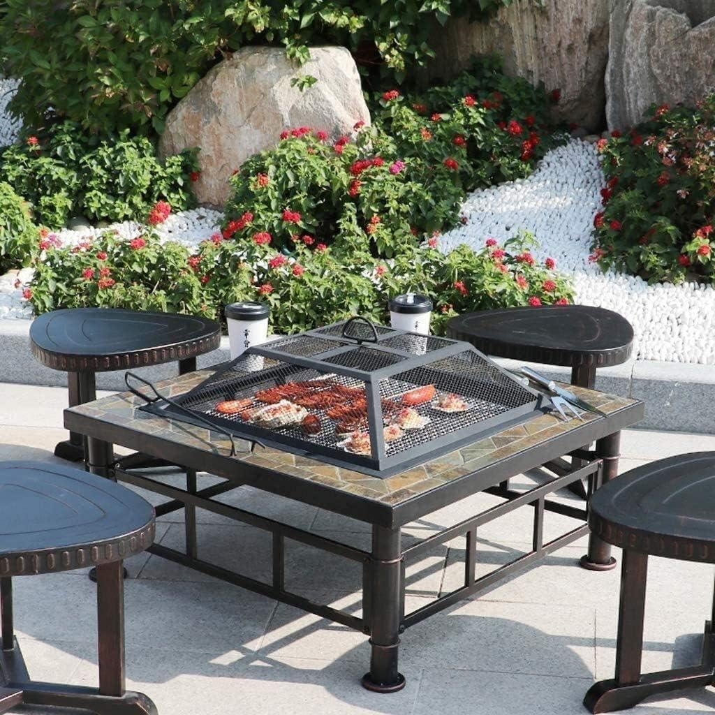 Fire Pits Outdoor Wood Burning Fire Pit Tables for Outside Patio, Multi-Purpose Square Fireplace Backyard Patio Garden Outside Wood Burning Heater BBQ with Cover BBQ Cooking for Outside Camping Backya