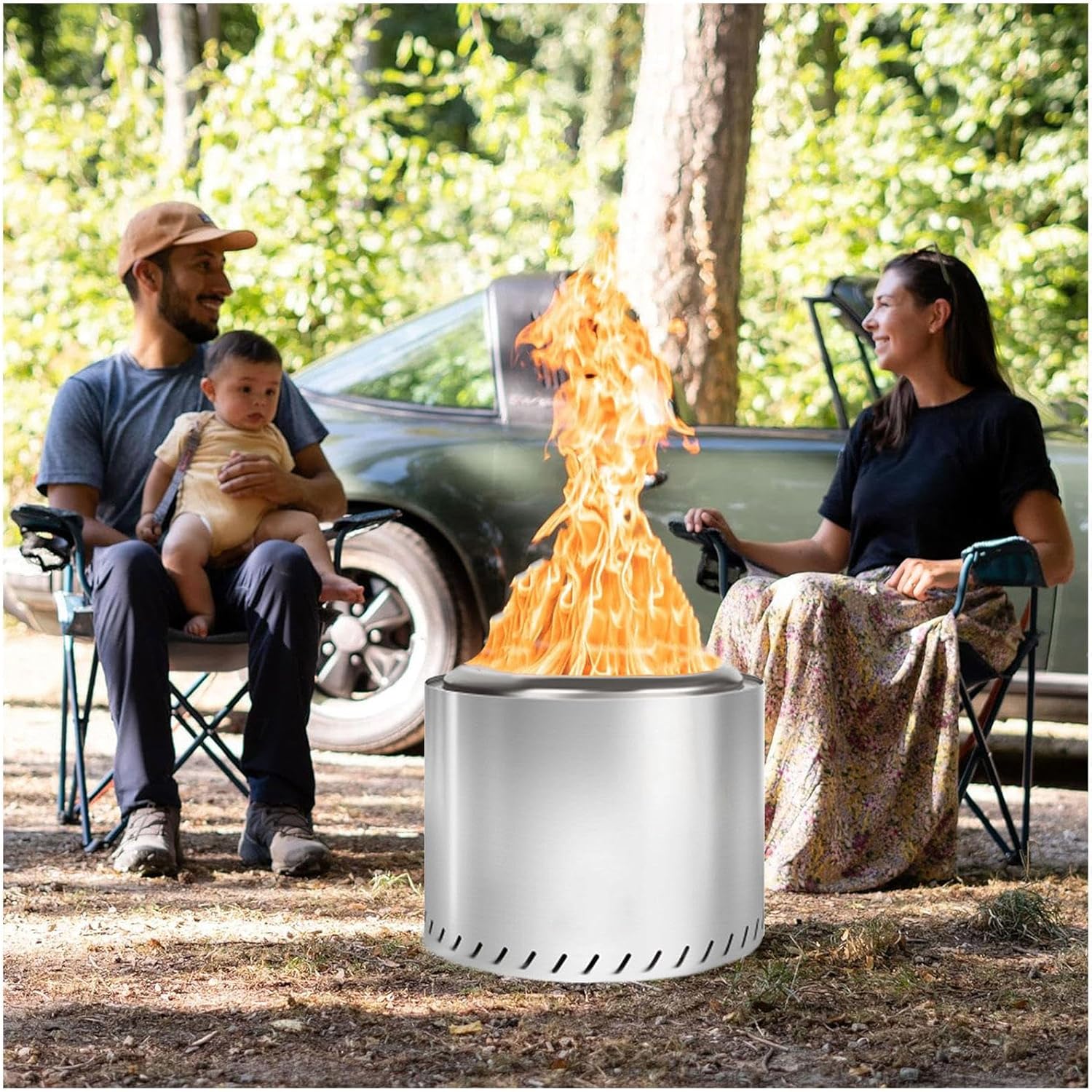 Smokeless Fire Pits 19.4 Inches Outdoor, Smokeless Fire Pit Large Durable Stainless Steel for Wood Burning, Smokeless Instant Fire Pit with Removable Ash Pan