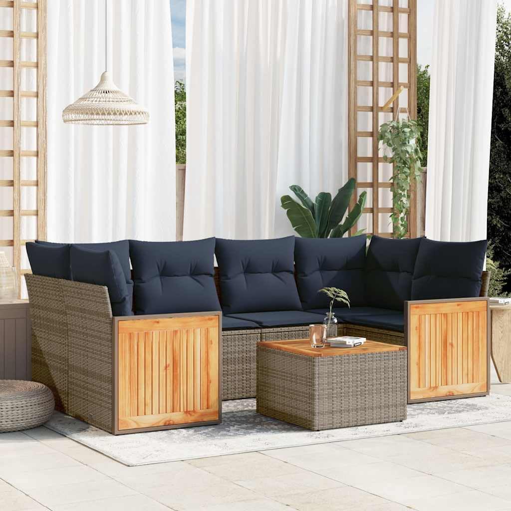 7 Piece Garden Sofa Set, Grey Poly Rattan Outdoor Furniture with Cushions, Modular Patio Seating, Acacia Wood Tabletop, UV-Resistant