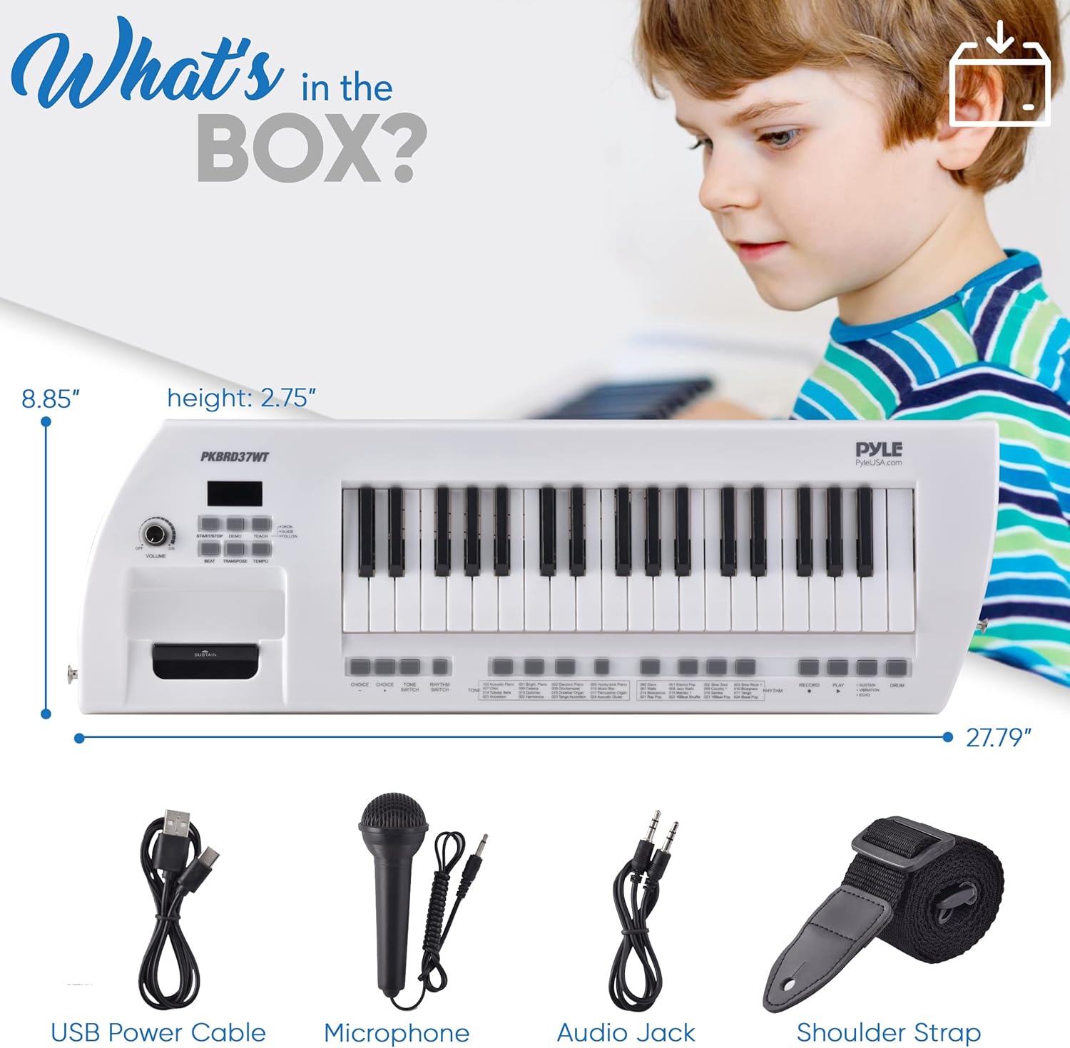 Pyle Portable Piano Keyboard, Compact Design 37 Key Electronic Piano Keyboard & Digital Musical Board with Built-in Rechargeable Battery, Wired Mic, Speakers & Carry Strap, 27.7’’ x 8.8’’, White