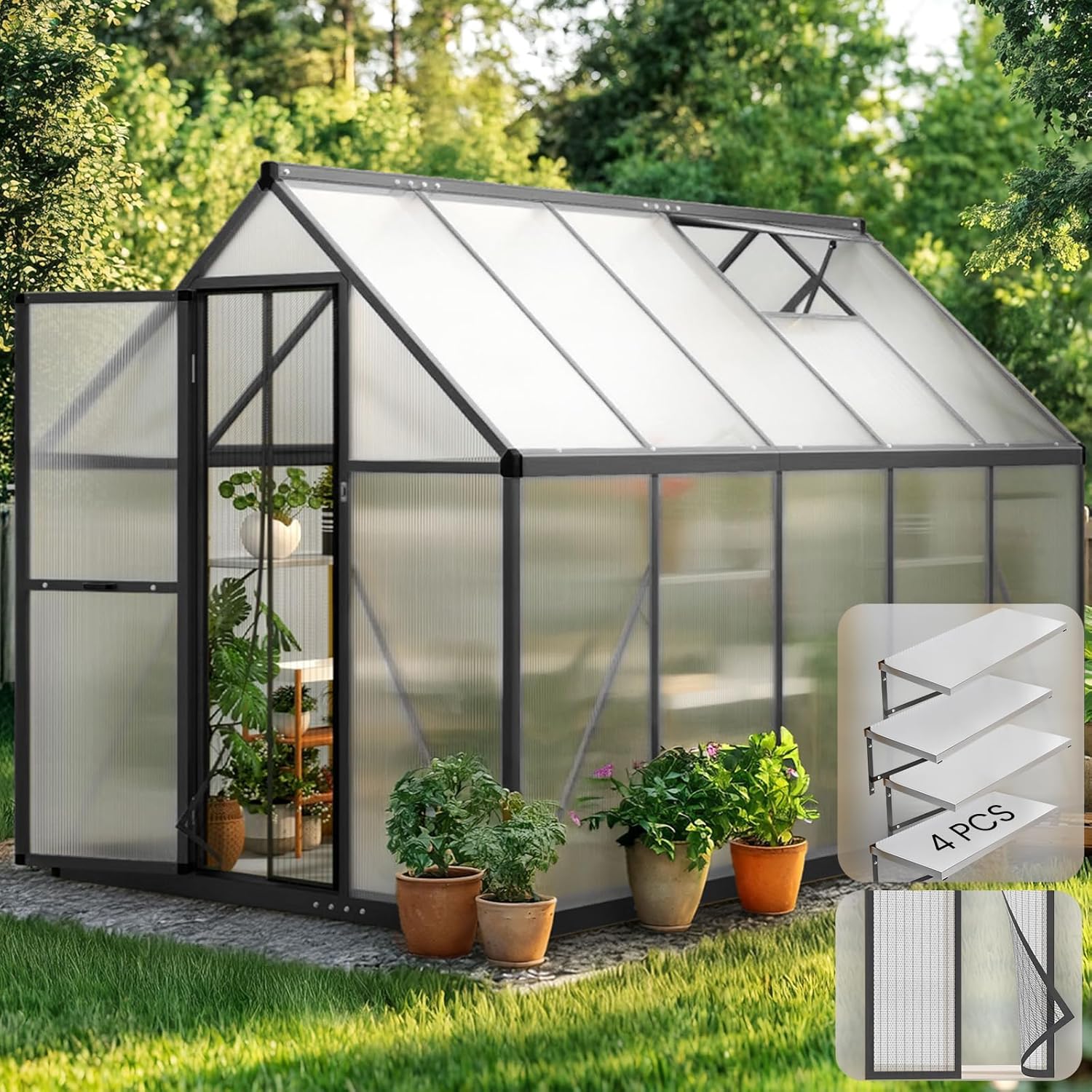KING BIRD Greenhouse for Outdoors, 9.2x6 FT Polycarbonate Walk-in Green House for Outside, Aluminum Frame UV Resistant Panel Garden Backyard W/ Lockable Mesh Door Roof Vent, 4 Racks, Black