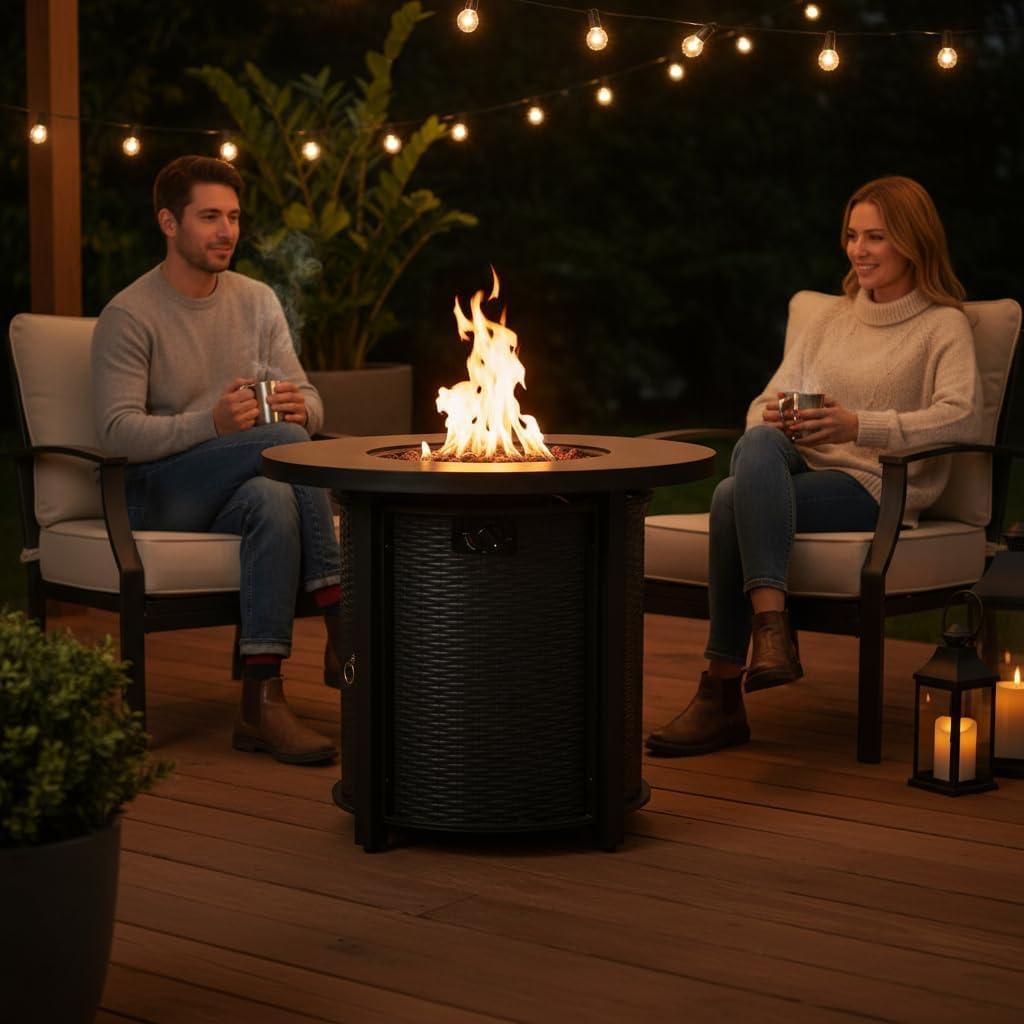 Outdoor Living 30-Inch Round Propane Fire Pit Table, 50000 BTU, Black Steel Construction, Hidden Tank Storage, Electronic Ignition, Includes Lava Rocks for Patio Garden