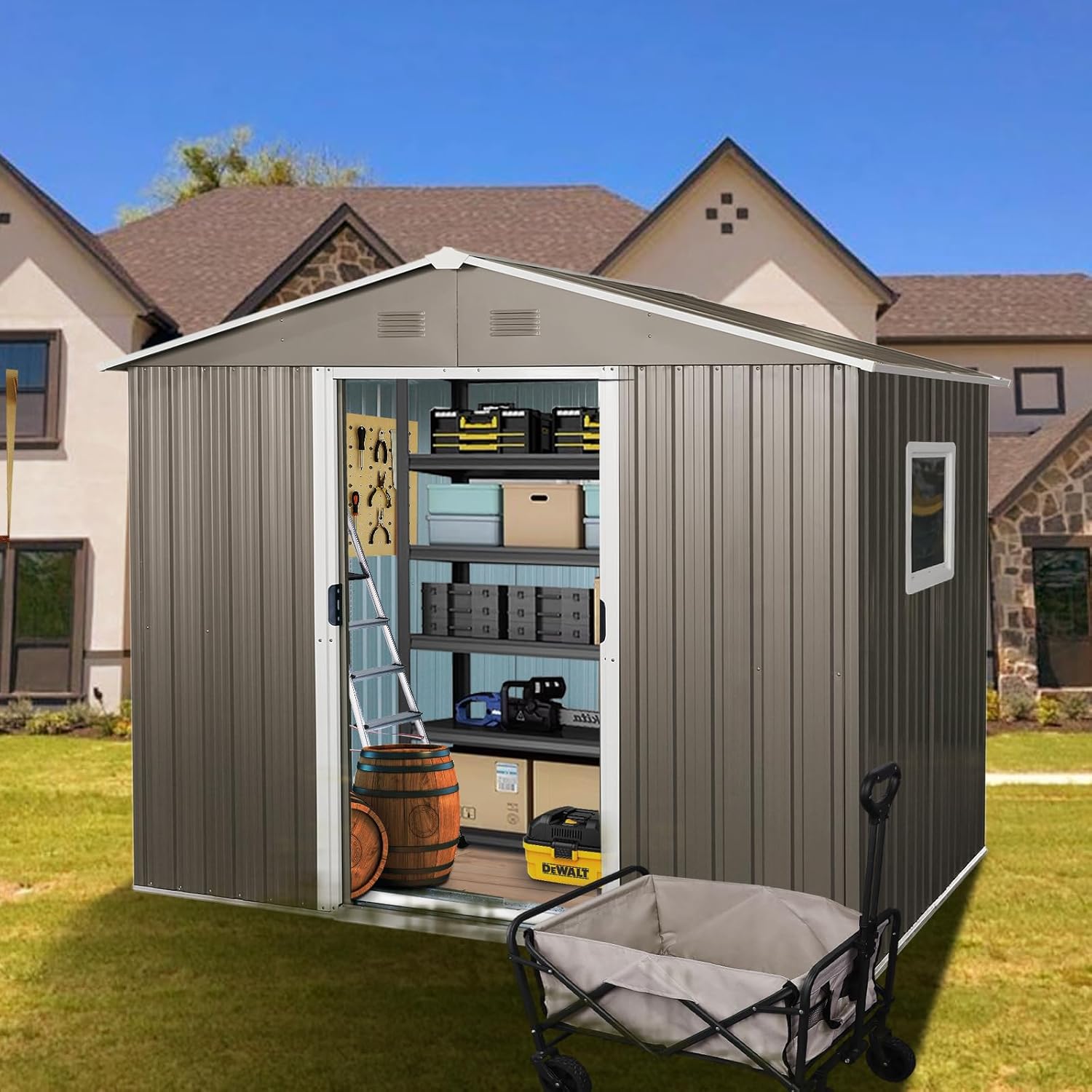 8x6 FT Outdoor Storage Shed,Metal Shed with Window & Floor,Garden Shed W/ 4 Air Vents & Lockable Sliding Door,All Weather Waterproof Tool House W/Sloped Roof,for Backyard,Patio,Lawn,Grey