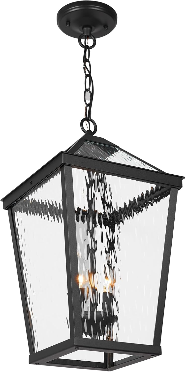 Treekee Outdoor Pendant Light, Modern Black Hanging Lantern Light for Front Porch, Adjustable Exterior Chandelier Fixture with E12 Sockets & Water Ripple Glass for Patio, Entryway, Garage, Gazebo
