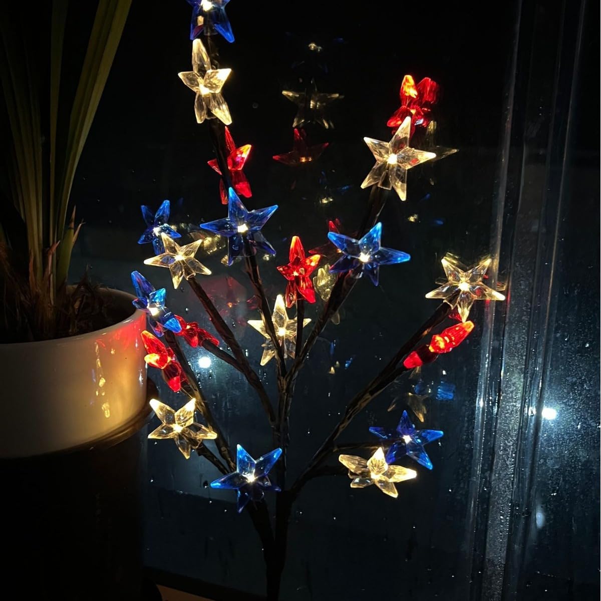 Solar Tree Branches, Ground Lights, red, Blue and White Five-Pointed Star Courtyard Decoration
