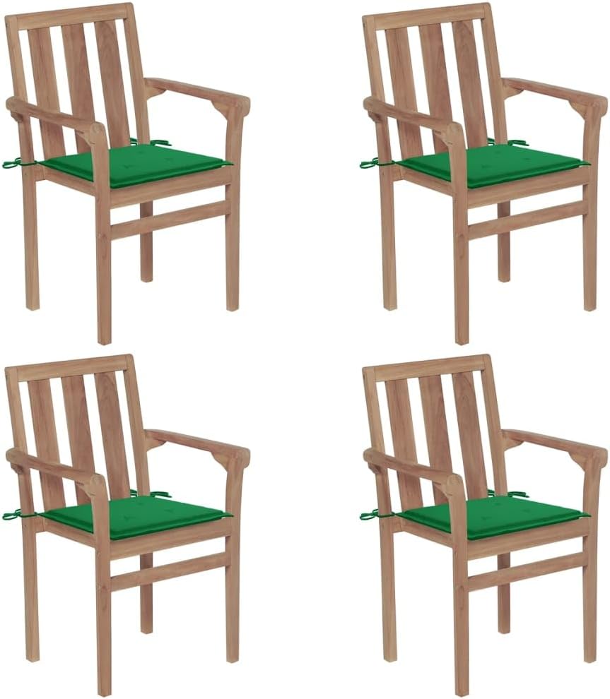 Stackable Patio Chairs with Cushions 4 pcs Solid Teak Wood,Classic Stackable Teak Patio Chairs with Cushions for Outdoor Comfort Outdoor Furniture, Outdoor Chairs, Green