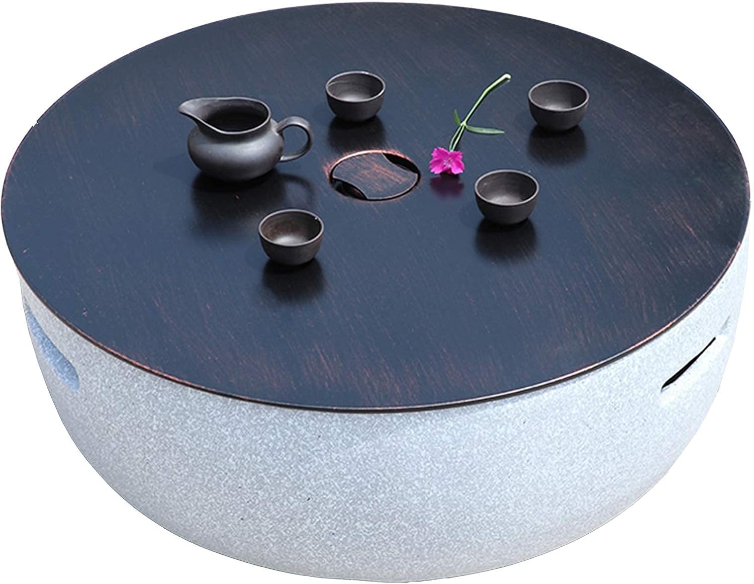 Outdoor Fire Pit, Concrete Round Firepit Charcoal and Wood Burning Firepit Bowl Bonfire with Spark Screen, Grate, and BBQ Grill, for Outdoor Patio Garden Backyard Decking