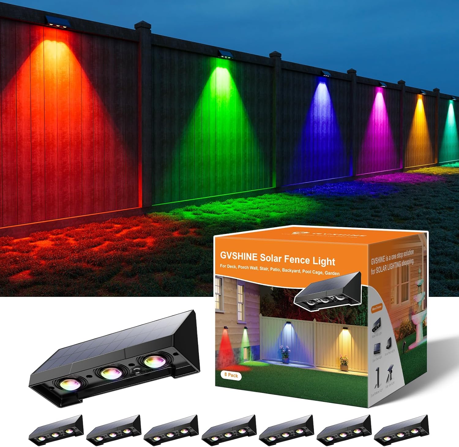 8 Pack Color Changing Solar Powered Fence Lights Outdoor Decorative LED Waterproof Yard Lamps for Outside Wall, Deck, House Patio, Rail, Stair, Backyard, Pool Cage, 3X Lens Designed for 3X Brightness