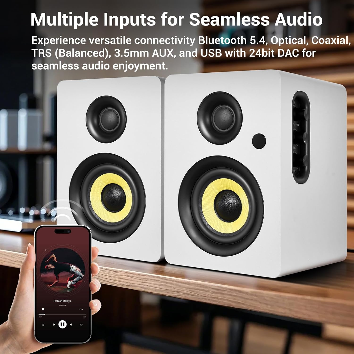 Sanyun SW206 4” HiFi Bookshelf Speakers with Studio Mode, 80W Active, Bluetooth 5.4/Optical/Coaxial/TRS/Aux/24bit DAC USB, for Turntable TV PC Desktop, MDF Cabinet, Remote Control, White