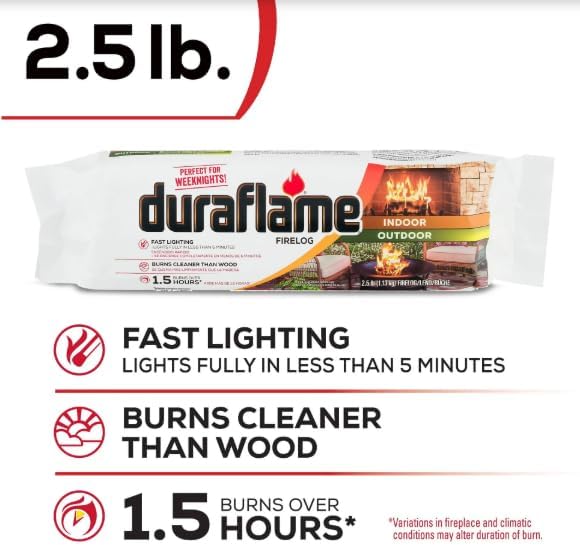 Duraflame Fast-Lighting Firelogs – 2.5lb/1.5 Hour Burn, Clean Burning, Indoor/Outdoor Fireplace & Fire Pit Logs, Eco-Friendly Recycled Wood & Renewable Fibers (2 Pack + Matches)