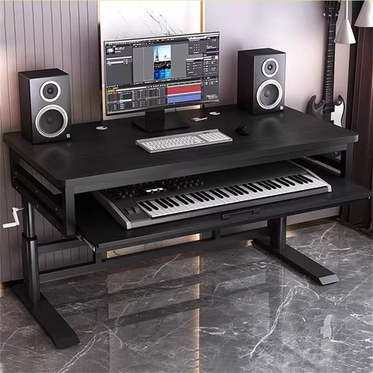 KWOKING Office Computer Desk with Organized Wiring & Keyboard Shelf Workbench Electronic Piano Midi Keyboard Music Production Recording Studio Hand-cranked Lifting Table Black 55