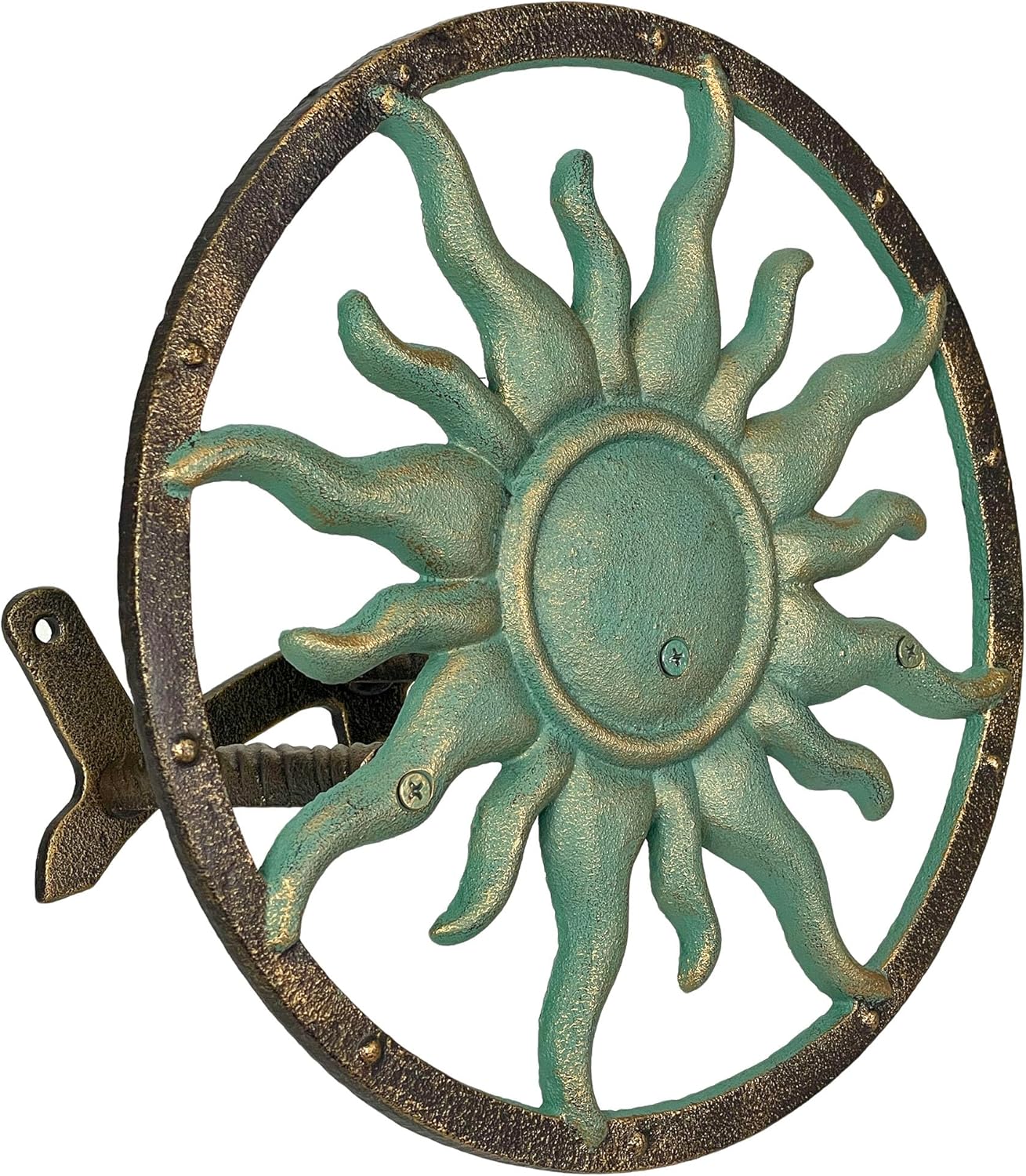 Decorative Sun Cast Iron Hose Holder – Verdigris & Bronze Finish, 11.5 In Heavy Duty Wall Mount Hose Reel, Outdoor Garden Storage Rack for Patio, Lawn, Yard, Weather Resistant, Hardware Included