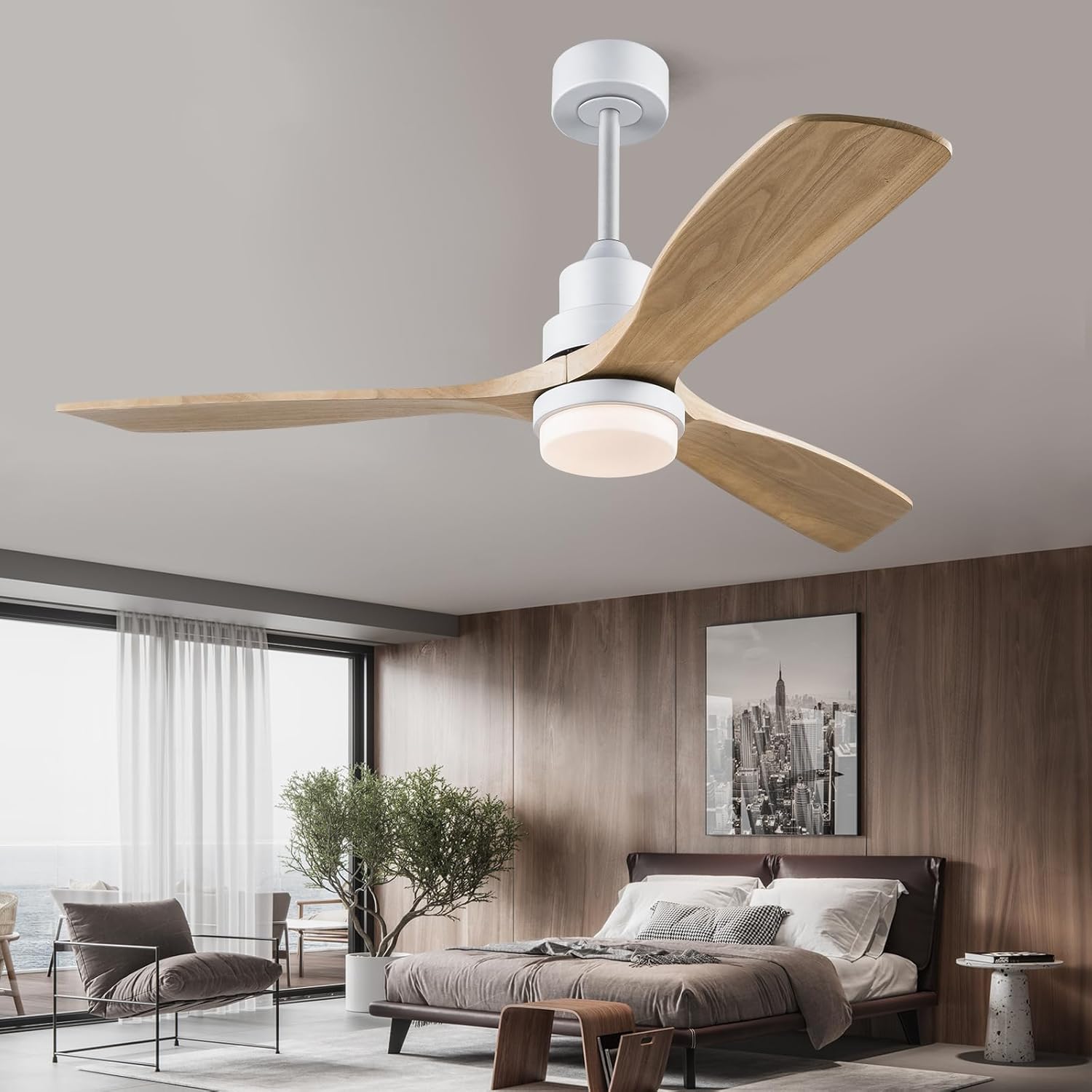 BOJUE 60 Inch Ceiling Fans with Lights and Remote Control, Dimmable LED Light, Indoor Outdoor Wood Ceiling Fan with 3 Blades for Patio, Living Room, Bedroom, Office, Summer House