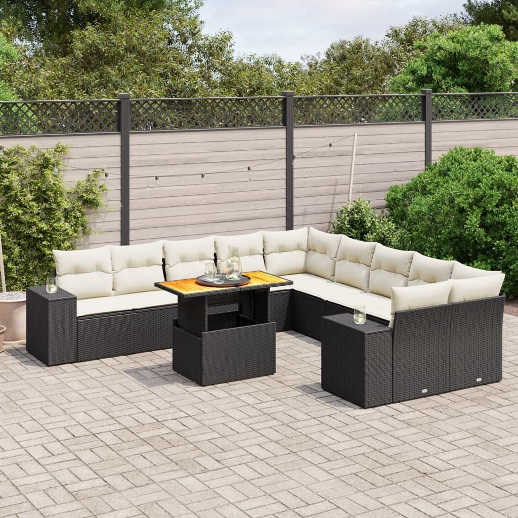 Garden Sofa Set Black, Cream White Cushions, 11-Piece Modular Outdoor Patio Furniture, UV-Resistant Rattan, Solid Acacia Wood Dining Table, Seating for 10 People