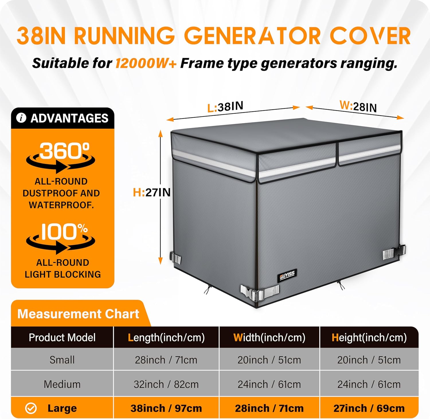 Running Generator Cover, Running Generator Cover, 38x28x27 inch, Top Can Be Opened, 100% Heavy Duty Waterproof Oxford Fabric. Suitable for most generators over 10,000 watts. Gray