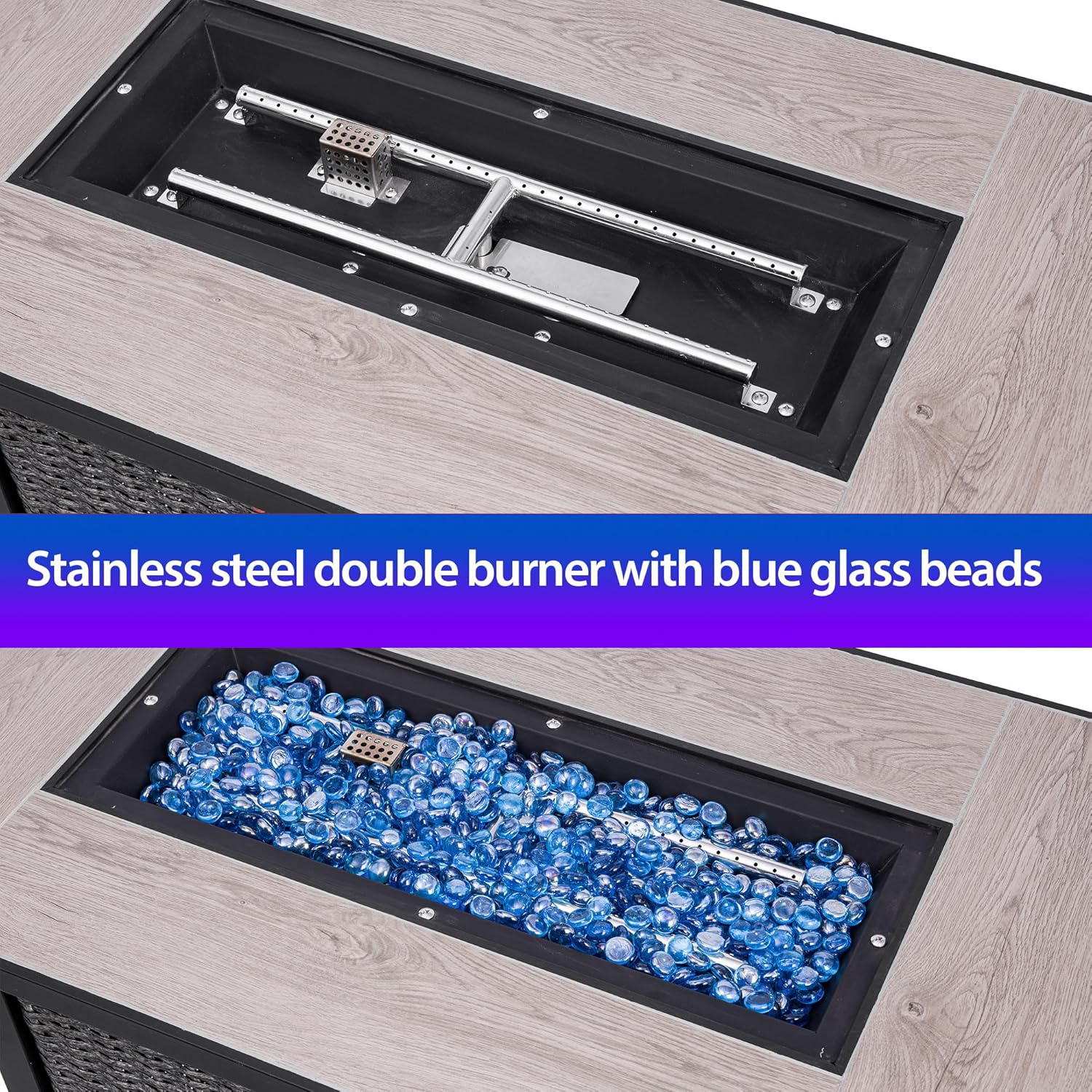 42 Inch Propane Fire Pit Table, 50,000 BTU Hand-Woven Rattan Outdoor Fire Pit with Lid & Blue Glass Bead, Outdoor Fireplace for Patio Deck Garden, Gray