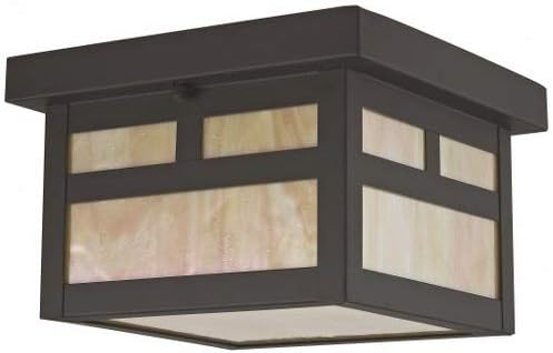 Livex Lighting 2138-07 Montclair Mission 1 Light Outdoor Bronze Finish Solid Brass Ceiling Mount with Iridescent Tiffany Glass, 5.50x8.00x8.00
