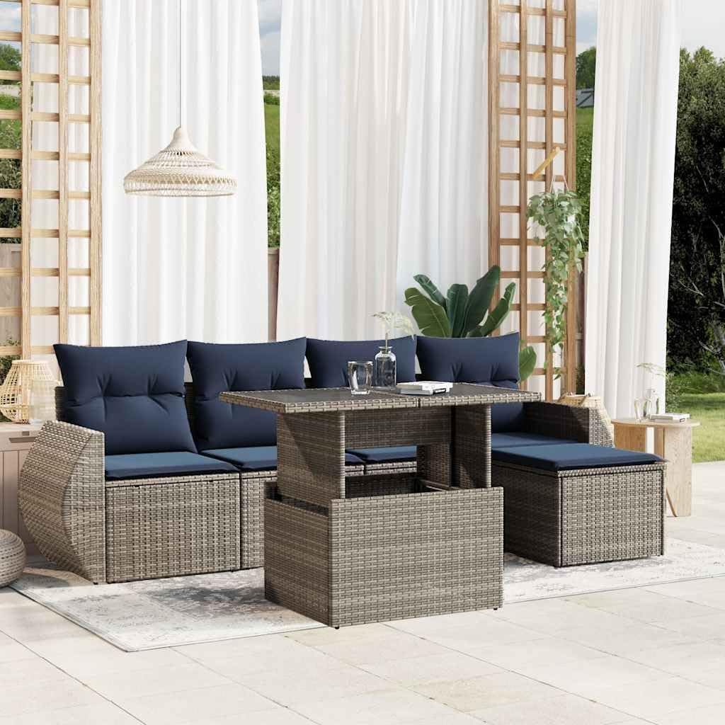 6 Piece Garden Sofa Set with Cushions, Grey Poly Rattan, Adjustable Table, Modular Outdoor Patio Furniture for Balcony