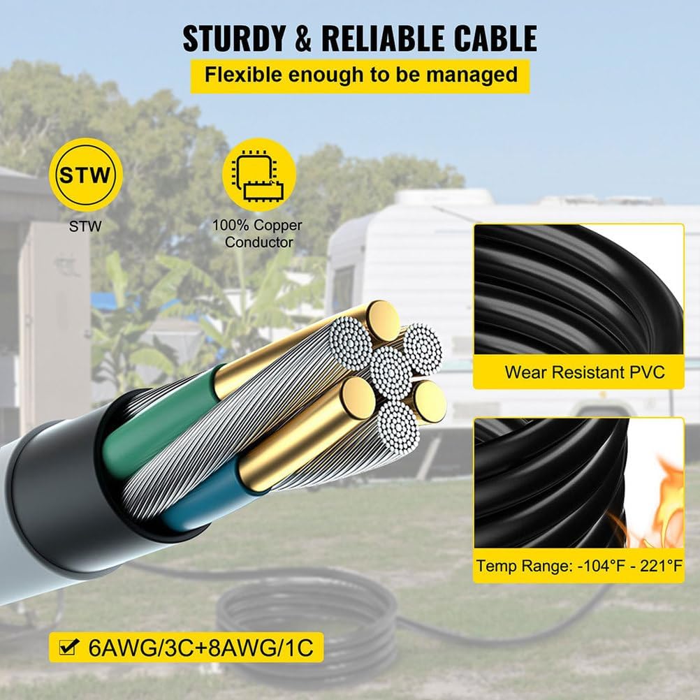15 FT 50 Amp Generator Extension Cord, 4 Wire 6 Gauge STW 6/3+8/1 125V 250V Heavy Duty Generator Locking Power Cord N14-50P & SS2-50R & CS6364 Twist Lock Connectors
