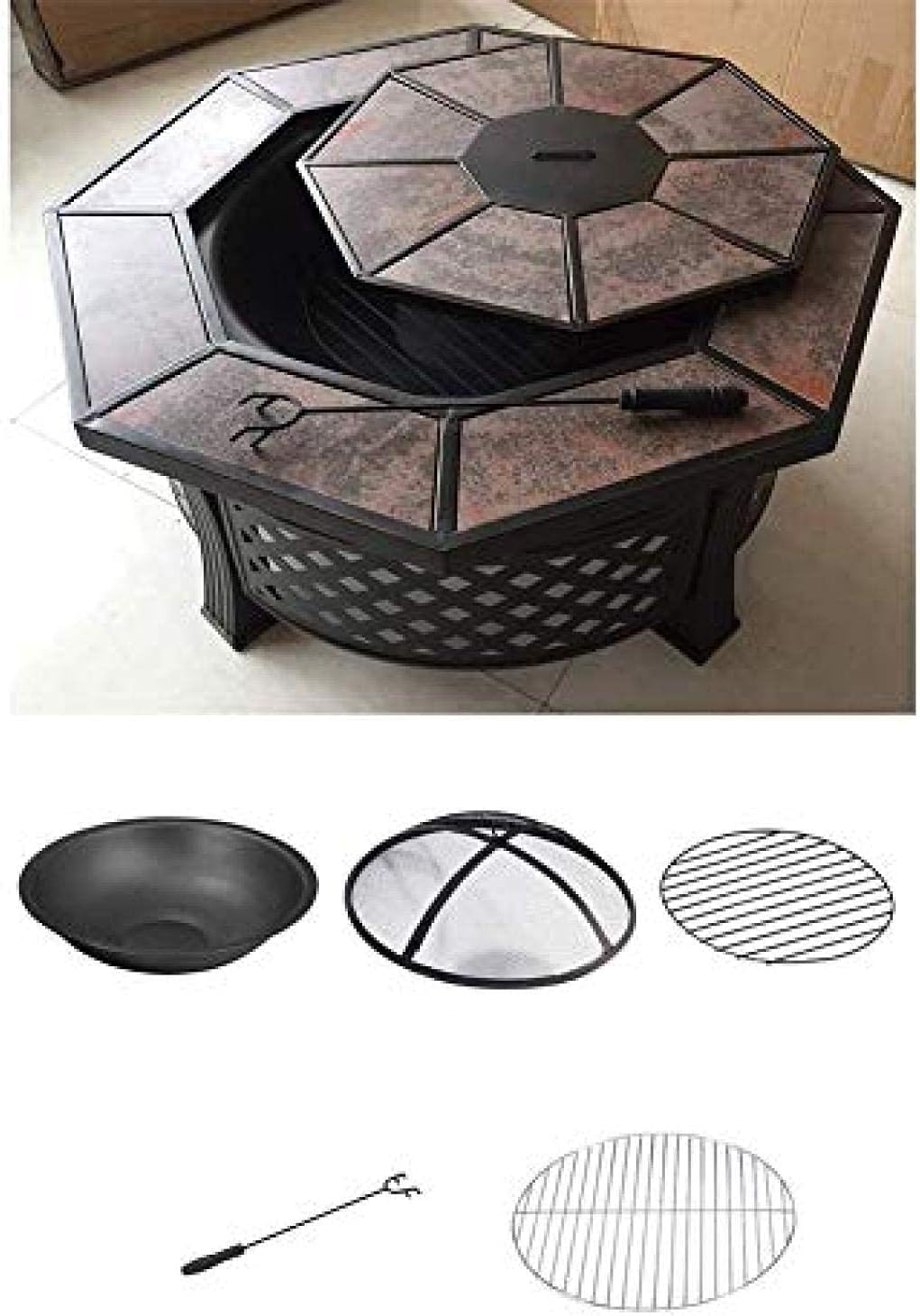Fire Pit BBQ Grill Fire Bowl Octagonal Ceramic Barbecue Table Outdoor Charcoal Barbecue Stove Indoor Heating Brazier
