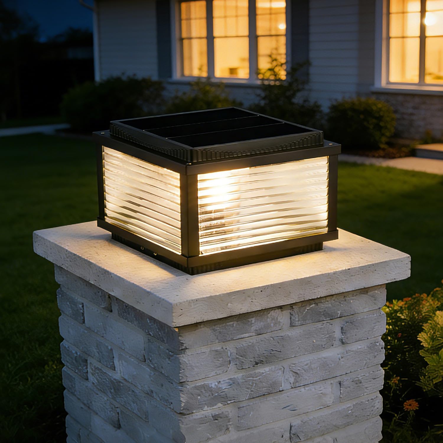 Outdoor Solar Column Lights Modern Tri Color Dimming Solar Post Cap Lights IP65 Waterproof Fence Deck Column Cap Light External Post Lights Aluminum Pillar Light Landscape Lighting Fixture