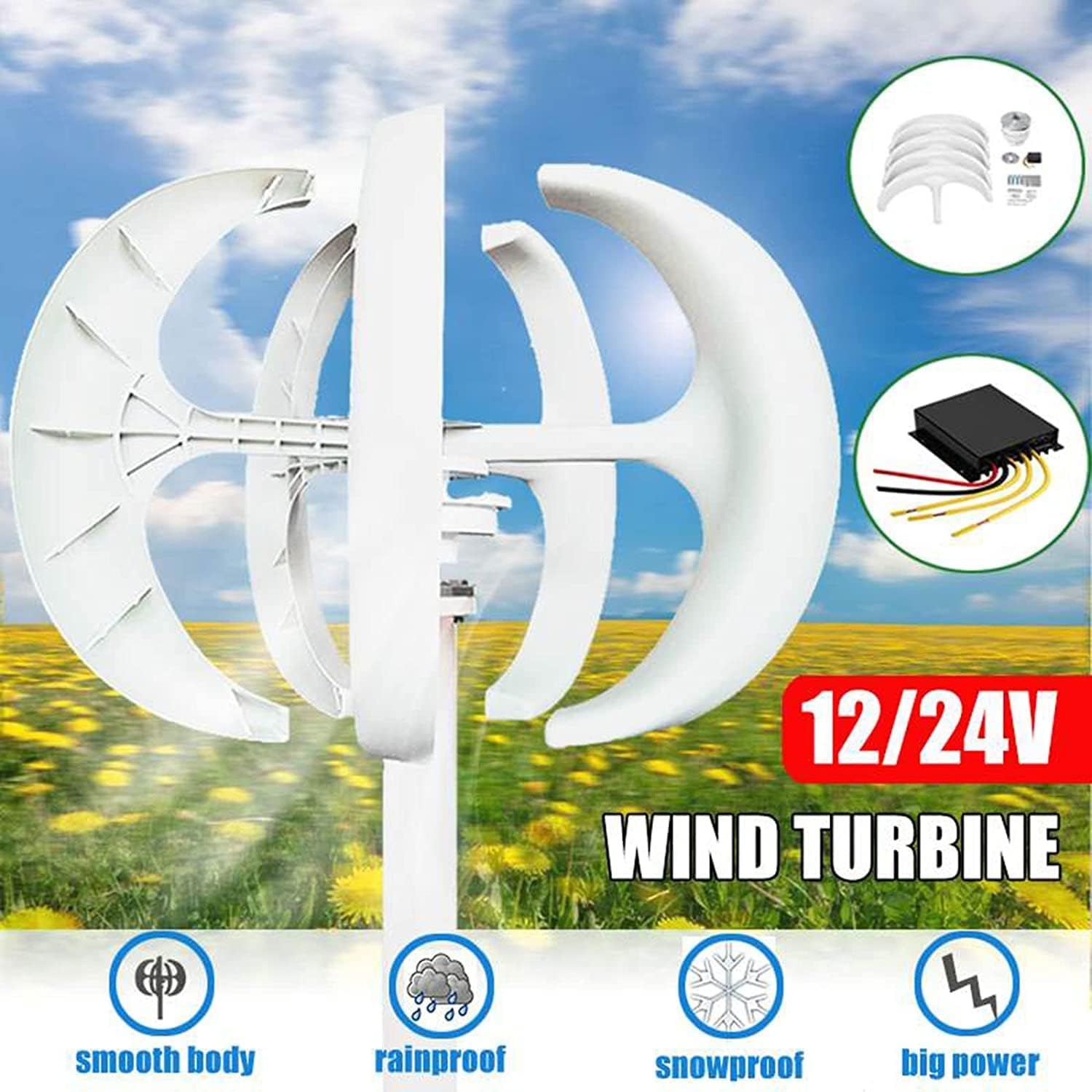 Vertical Axis No Noise Wind Turbines Generator, 6000W 5 Blades Windmill Energy Charge Turbines Generator Kit for Home Camping(White)
