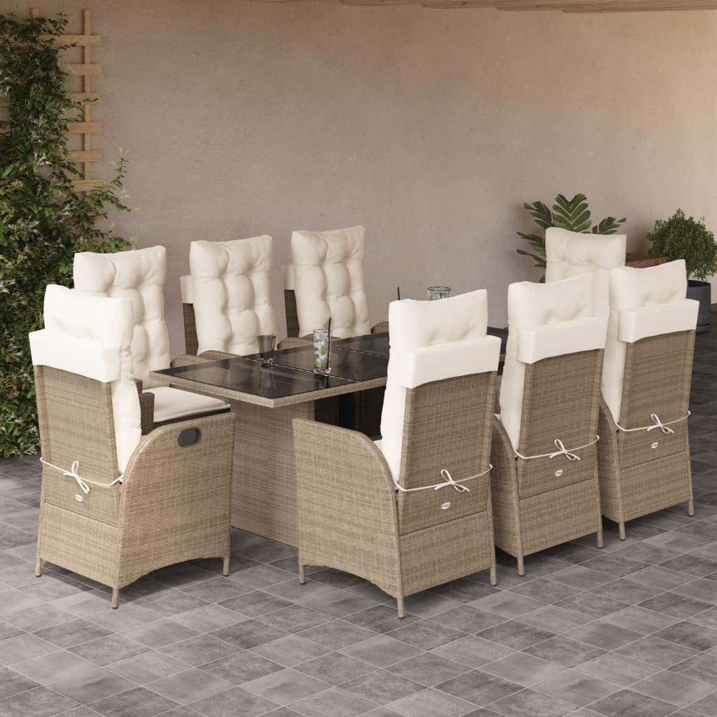 9 Piece Patio Dining Set with Cushions Beige Poly Rattan,Versatile Outdoor Dining Set for Comfort and Style: Adjustable Rattan Chairs with Tempered Glass Table Furniture Sets for Patio, Lawn & Garden