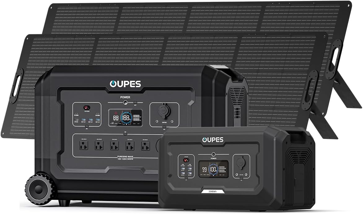 OUPES 3600W Portable Power Station Mega 3 with 2 * 240W Solar Panels & B2 Battery, 3072Wh LiFePO4 Solar Generator for Home Emergency Backup, RV, In-grid, Off-grid