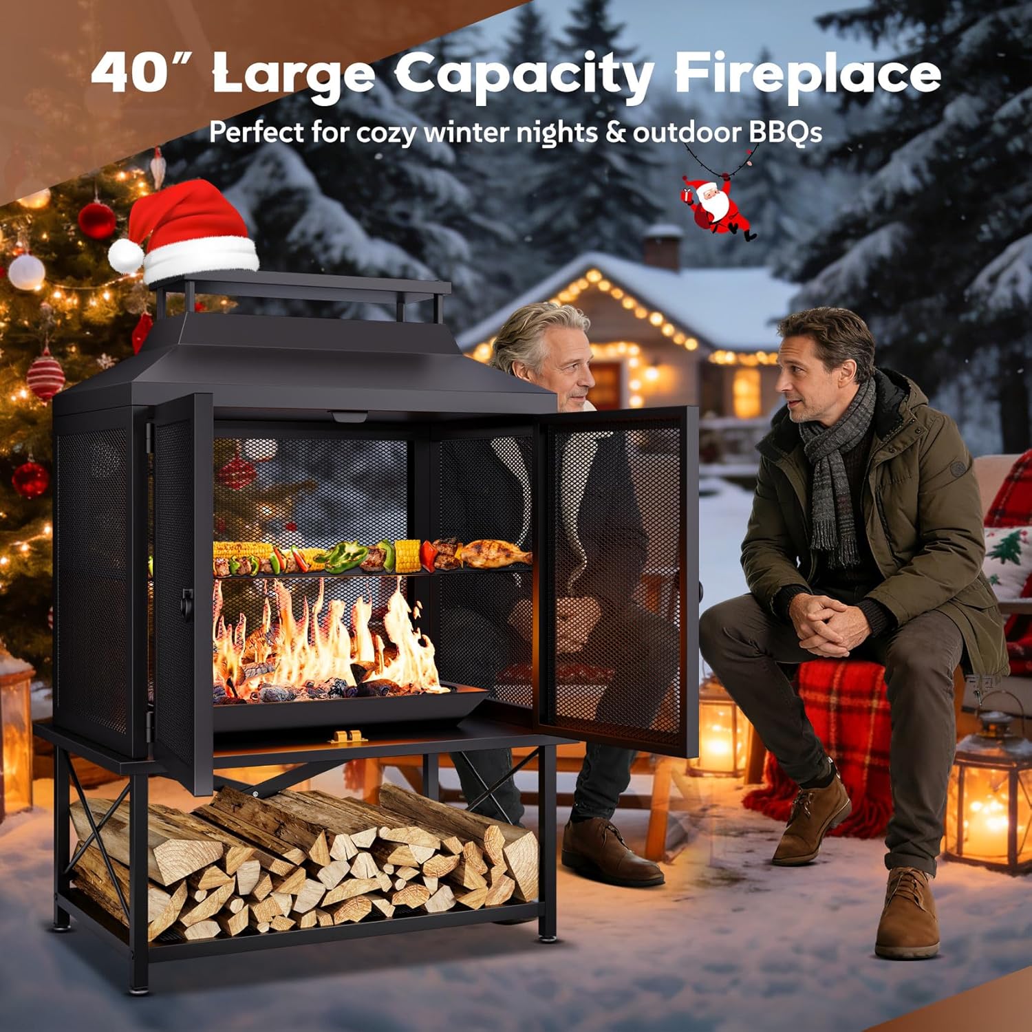 Outdoor Chiminea Fire Pit with Grill and Wood Storage, Large Wood Burning Fireplace for Outside with Chimney, Mesh Spark Screen Door & Fire Poker, Ideal for Patio, Backyard, Garden, and Camping