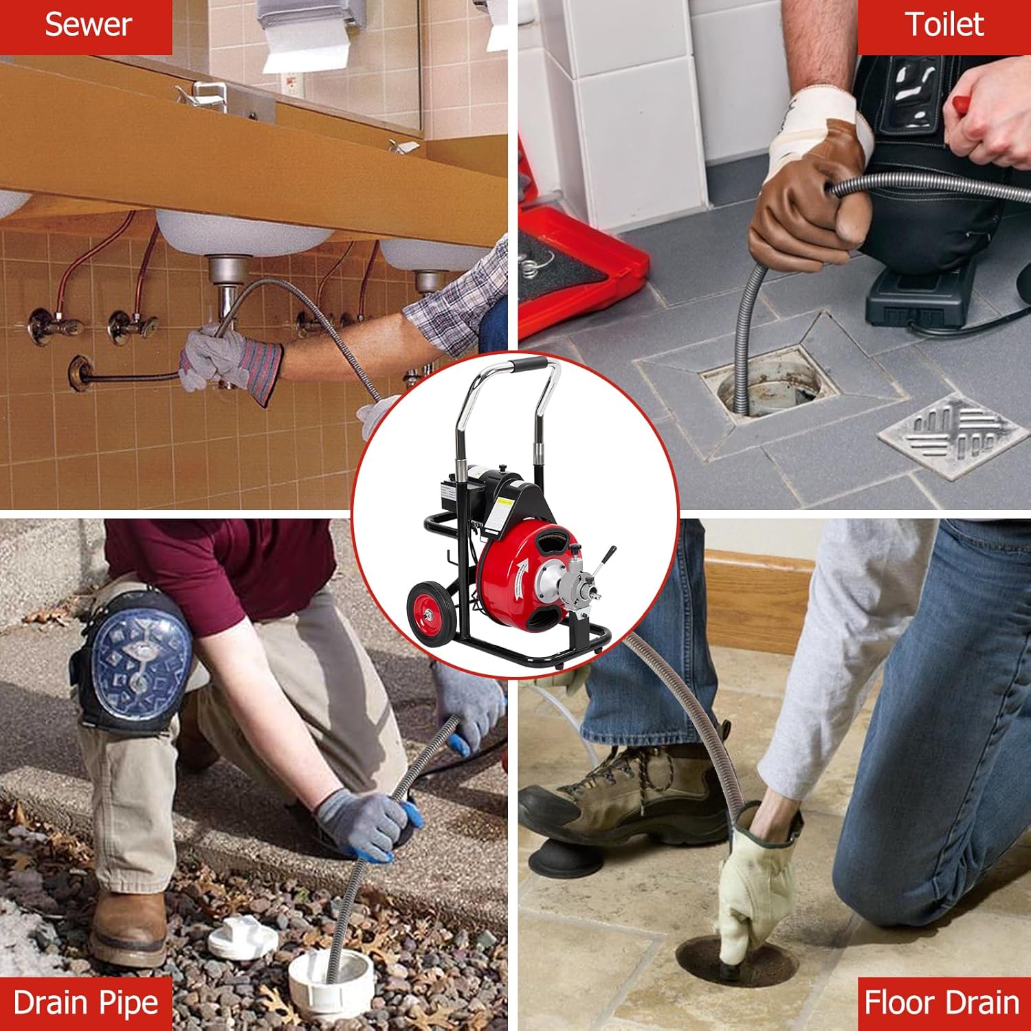 100FT 3/8Inch Electric Drain Cleaner Machine, Stainless Steel Drum Plumbing Snake with 4 Cutters, Powerful Motor for Clogged Pipes