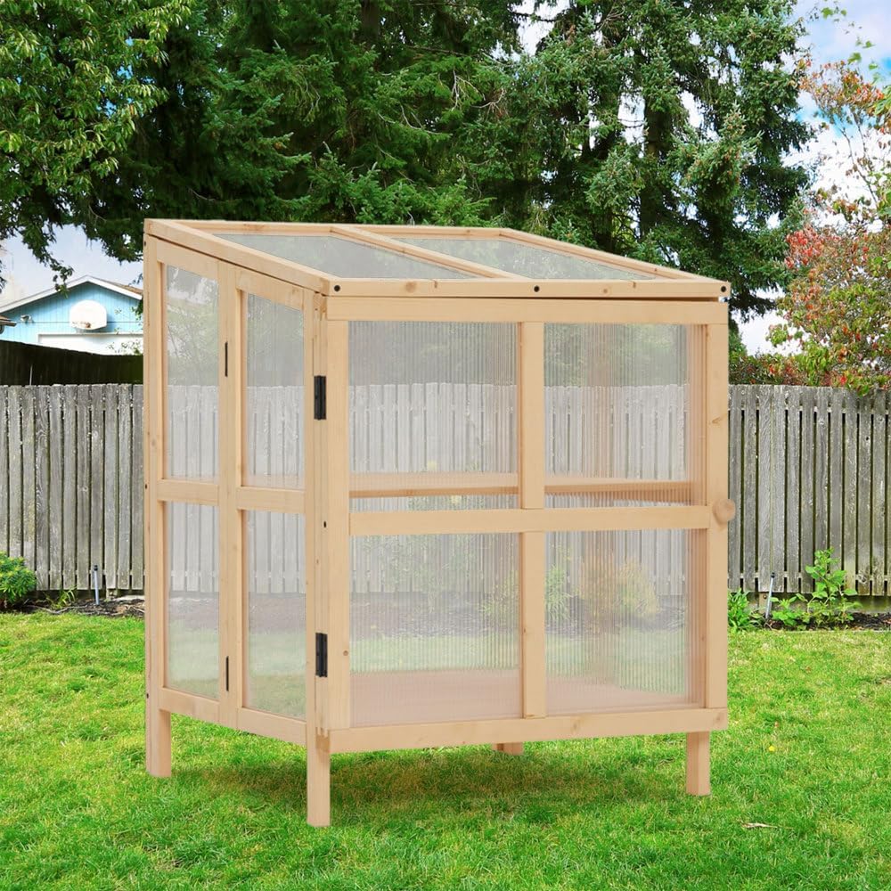 2 Tier Foldable Cold Frame Greenhouse, Portable Wooden Greenhouse Garden Cold Frame Raised Planter Box with Shelves