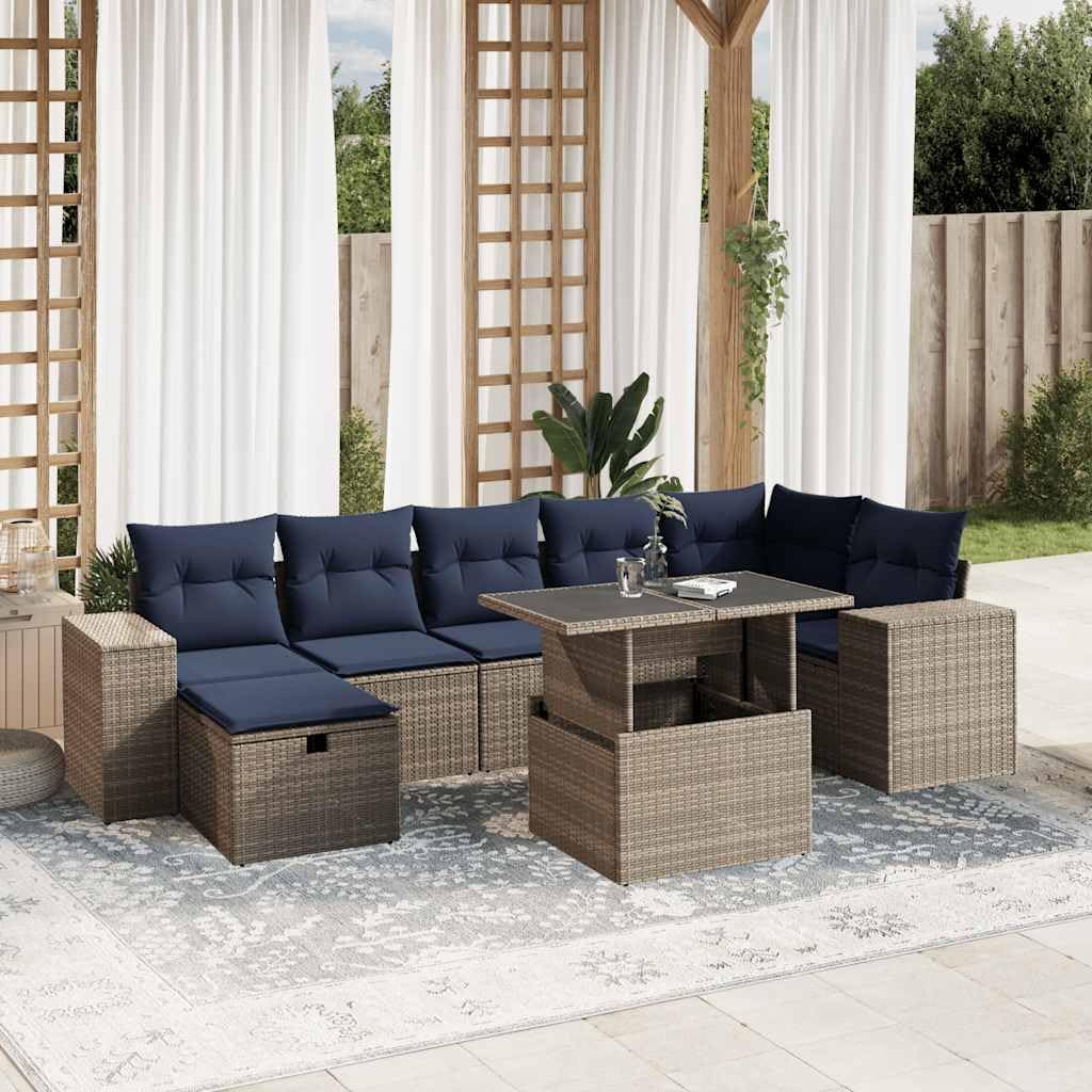 8 Piece Grey Poly Rattan Garden Sofa Set, Adjustable Table, UV-Resistant Outdoor Patio Furniture with Cushions, Modular Design, 110 kg Capacity