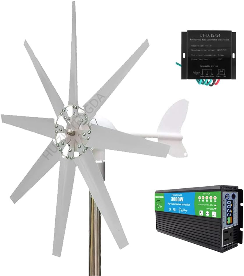 3000W 12V-220V Vertical Axis Maglev Wind Turbine 8 Blades, Free Energy Household Windmill Adjustable Windward Direction & 2.5M/S Start Wind Speed